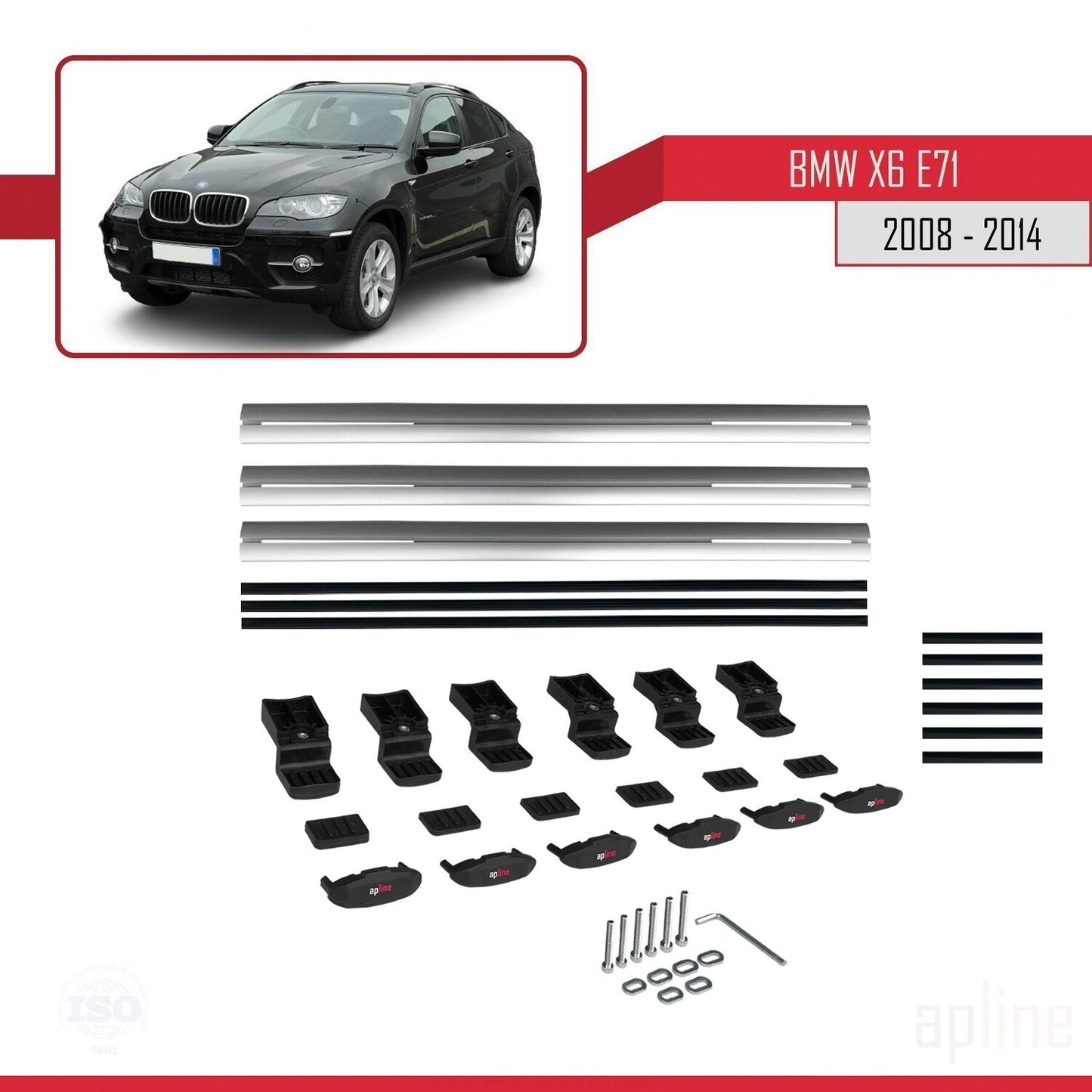 Kompatibel mit BMW X6 (E71) 2008-2014 Basismodell Dachgepäckträger, graues Aluminium, 3-teilig