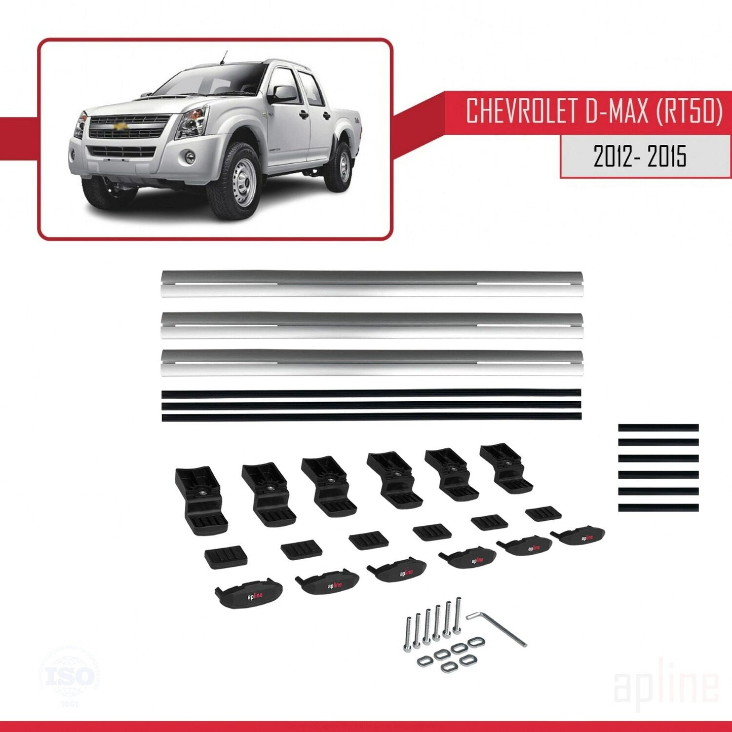 Kompatibel mit Chevrolet D-Max (RT50) 2012-2015 Basismodell Dachgepäckträger, graues Aluminium, 3 Stangen