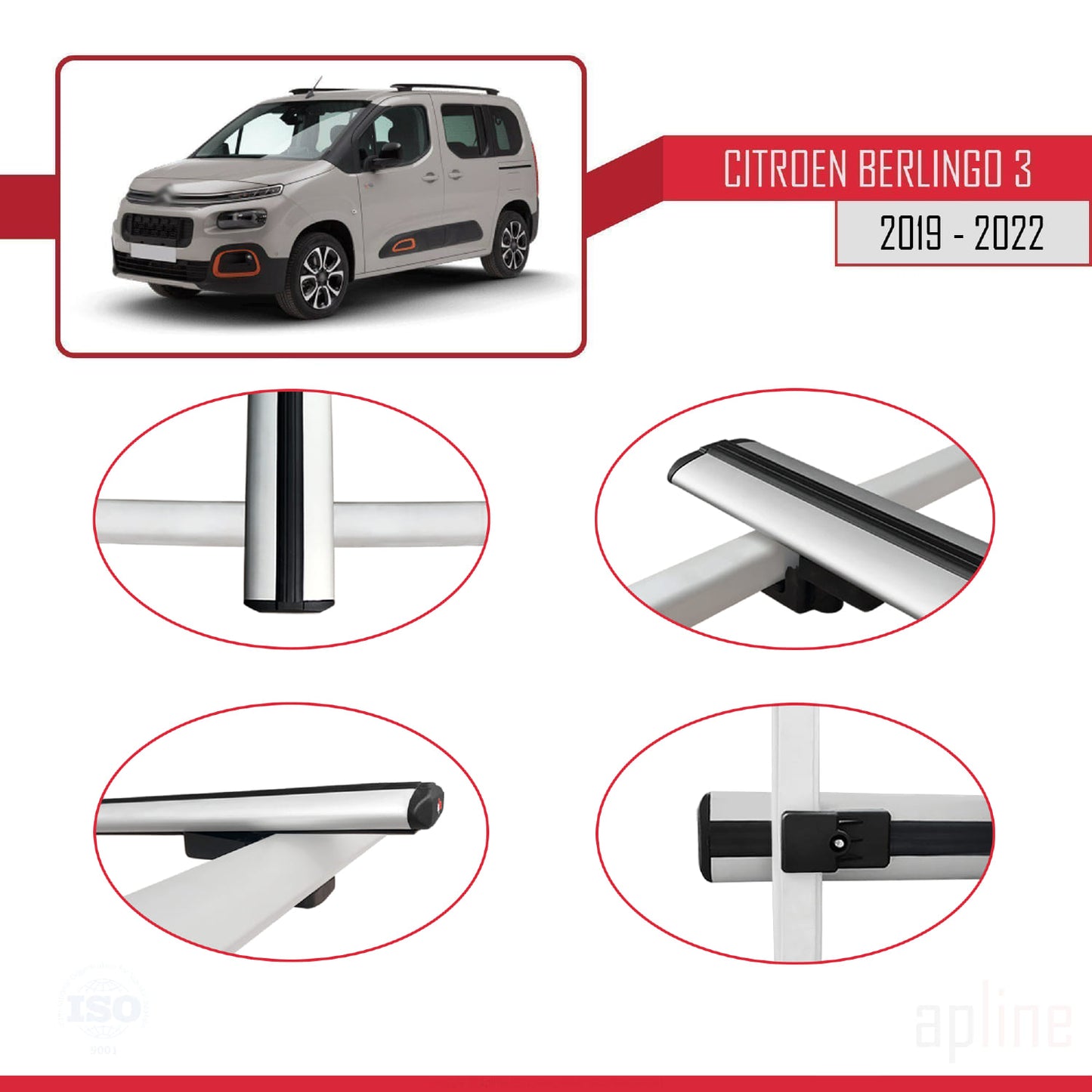 Compatible with Citroen Berlingo 3 (K9) 2019-2022 BASIC Model Car Roof Rack Cross Bar Grey Aluminium 3 Bars
