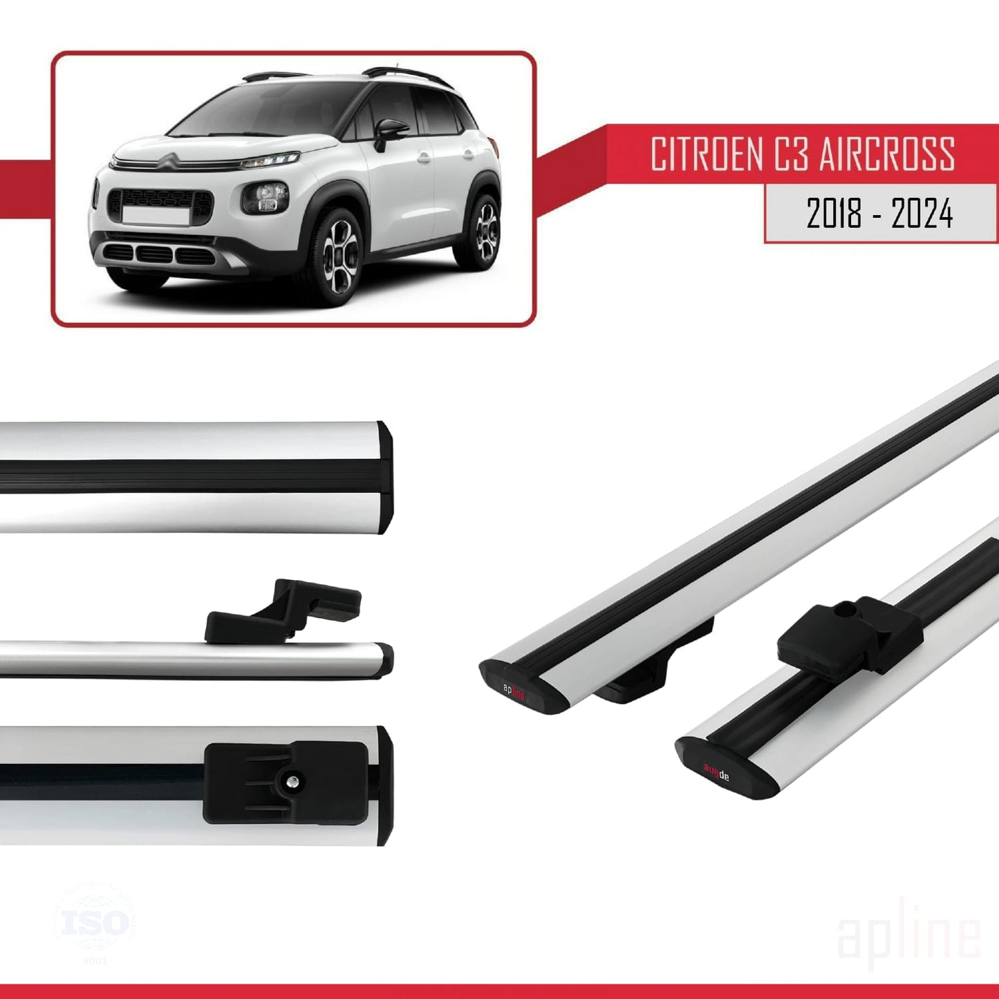 Kompatibel mit Citroen C3 Aircross (A88) 2018-2024 Basismodell Dachgepäckträger, graues Aluminium, 2 Stangen