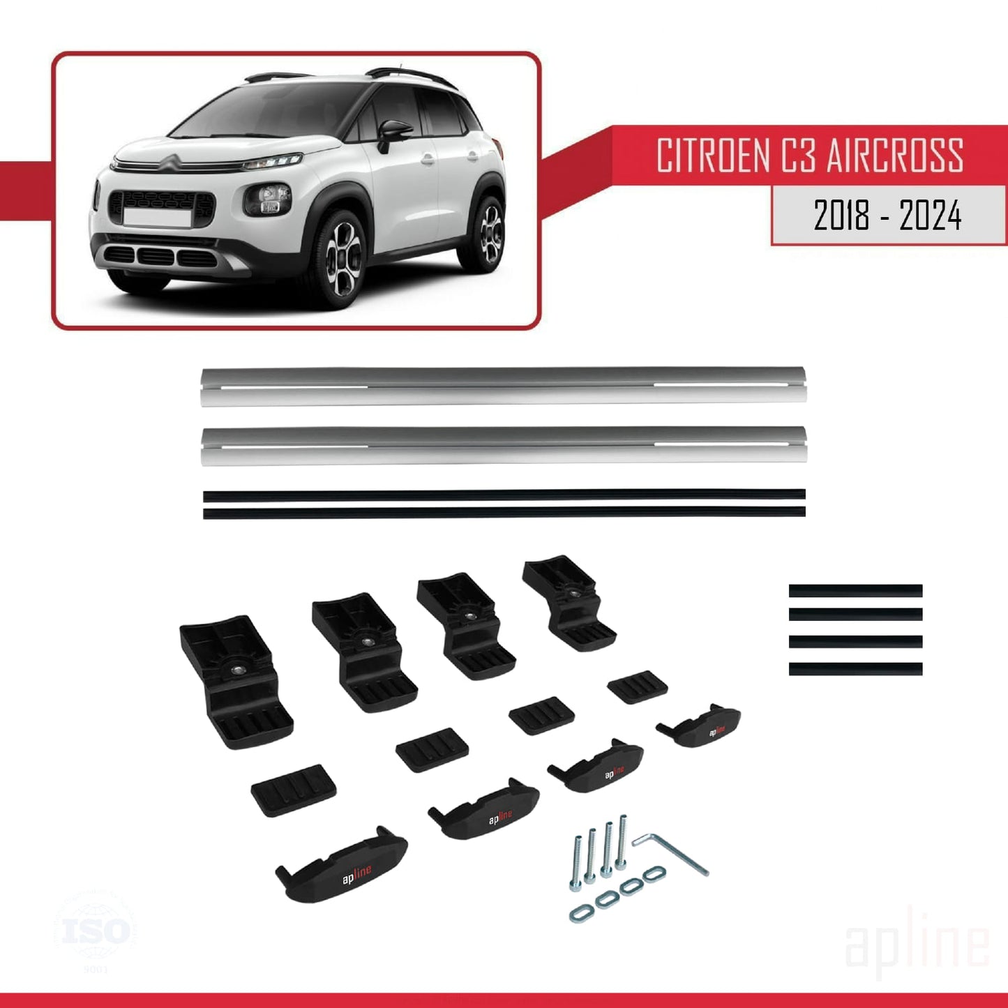 Kompatibel mit Citroen C3 Aircross (A88) 2018-2024 Basismodell Dachgepäckträger, graues Aluminium, 2 Stangen