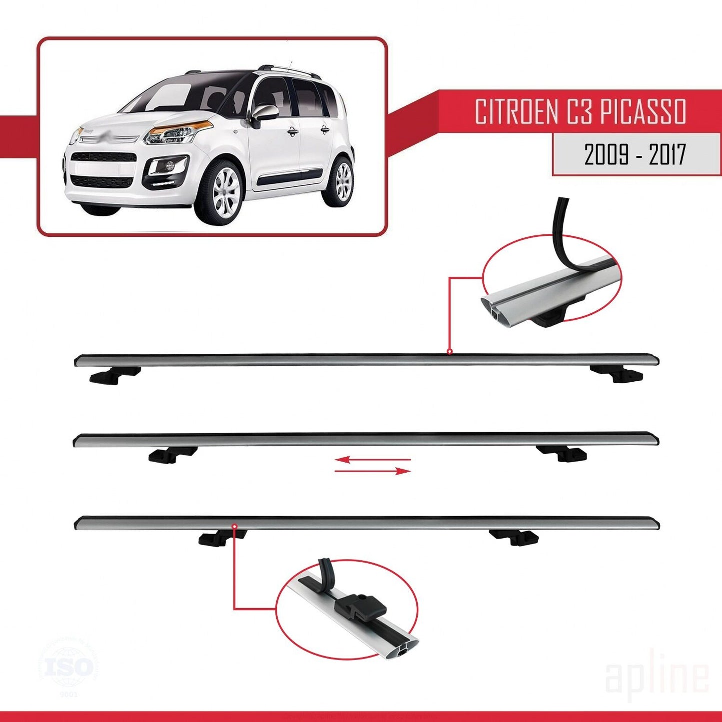 Compatible avec Citroen C3 Picasso 2009-2017 BASIC Model Barres de Toit Railing Porte-Bagages de Voiture Gris Aluminium 2 Barres