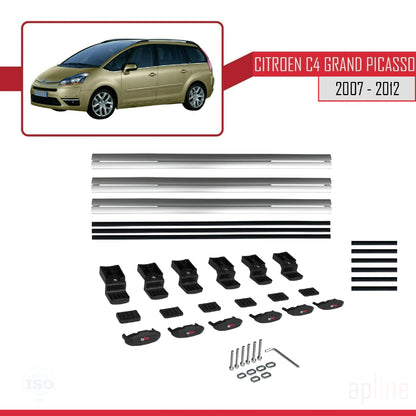 Kompatibel mit Citroen Grand C4 Picasso 2007-2012 Basismodell Dachgepäckträger, graues Aluminium, 3 Stangen