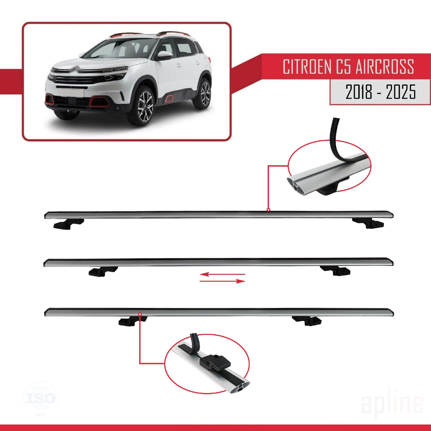Kompatibel mit Citroen C5 Aircross 2018-2025 Basismodell Dachgepäckträger, graues Aluminium, 3-teilig