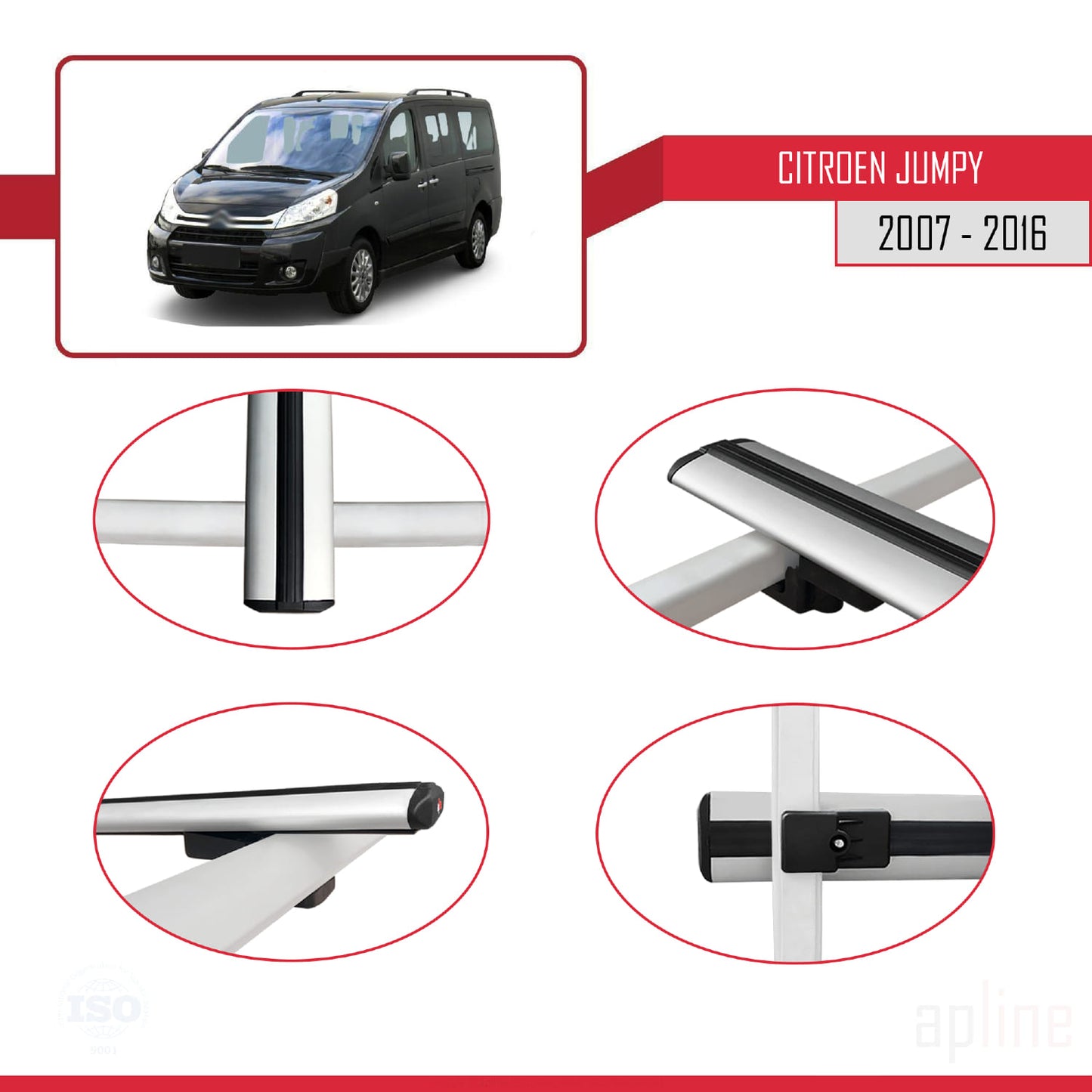 Kompatibel mit Citroen Jumpy 2 (G9) 2007-2016 Basismodell Dachgepäckträger, graues Aluminium, 4 Stangen