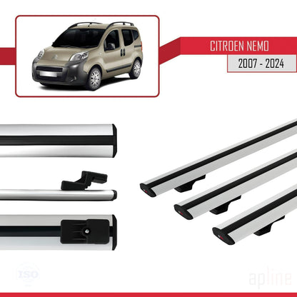 Compatible avec Citroen Nemo 3 (225) 2007-2024 BASIC Model Barres de Toit Railing Porte-Bagages de Voiture Gris Aluminium 3 Barres
