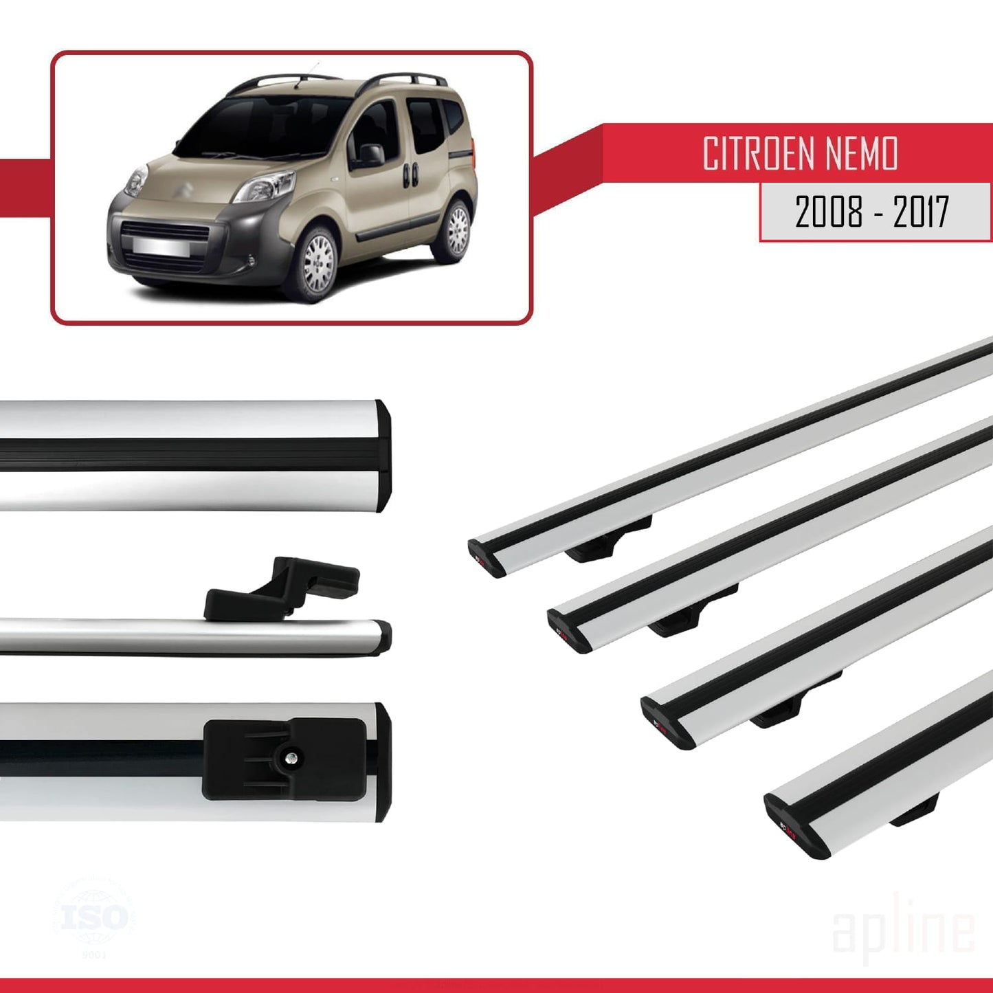 Compatible avec Citroen Nemo 3 (225) 2007-2024 BASIC Model Barres de Toit Railing Porte-Bagages de Voiture Gris Aluminium 4 Barres