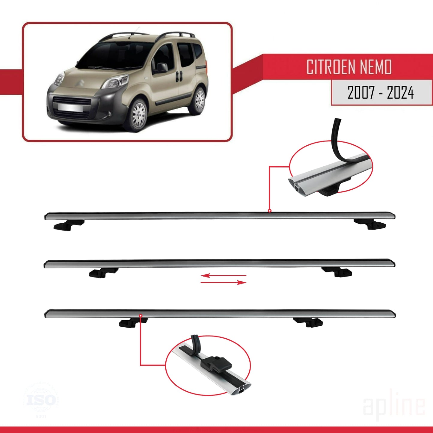 Compatible avec Citroen Nemo 3 (225) 2007-2024 BASIC Model Barres de Toit Railing Porte-Bagages de Voiture Gris Aluminium 2 Barres