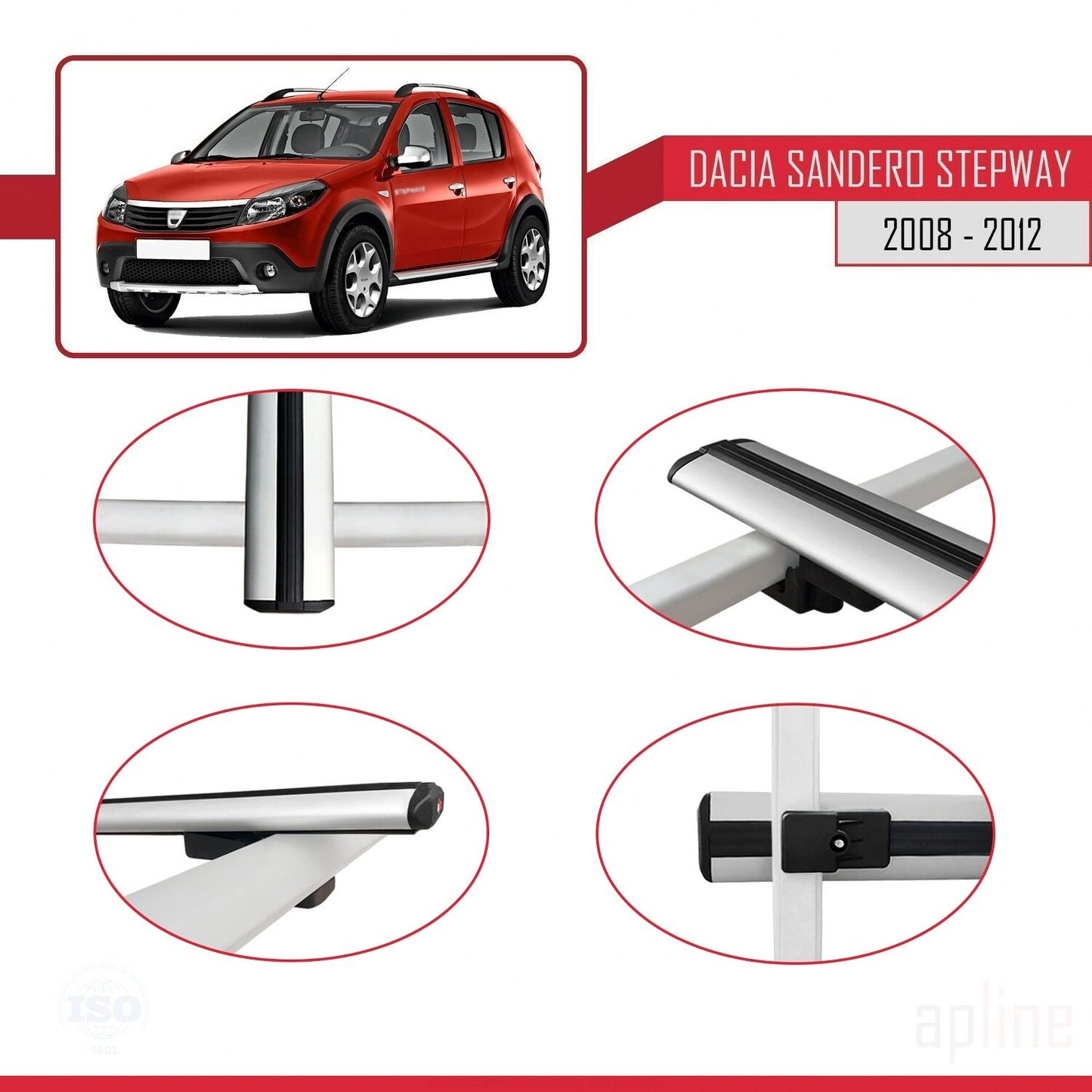 Kompatibel mit Dacia Sandero Stepway 2008-2012 Basismodell Dachgepäckträger, graues Aluminium, 3 Stangen