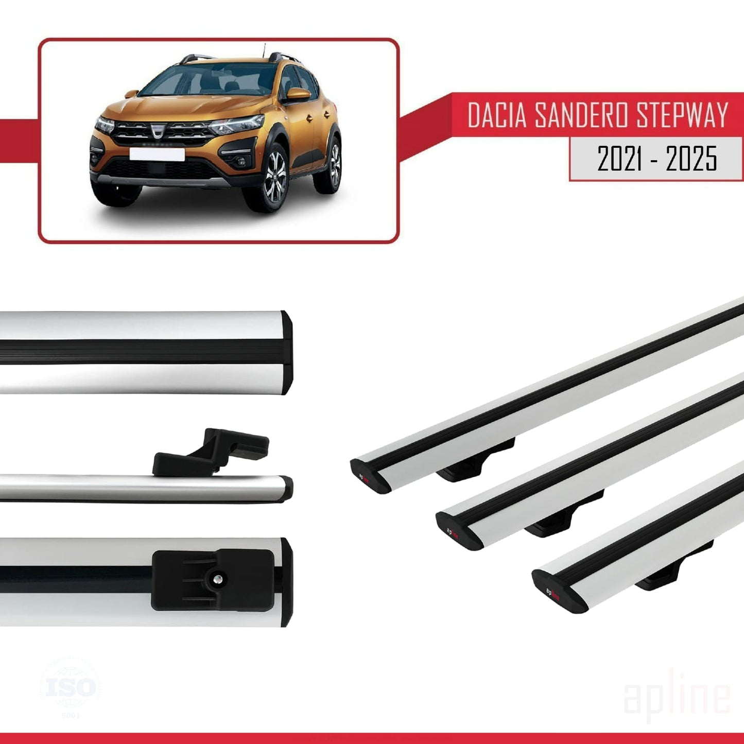 Kompatibel mit Dacia Sandero Stepway 3 2021-2025 Basismodell Dachgepäckträger, Reling, Gepäckträger, graues Aluminium, 3 Stangen