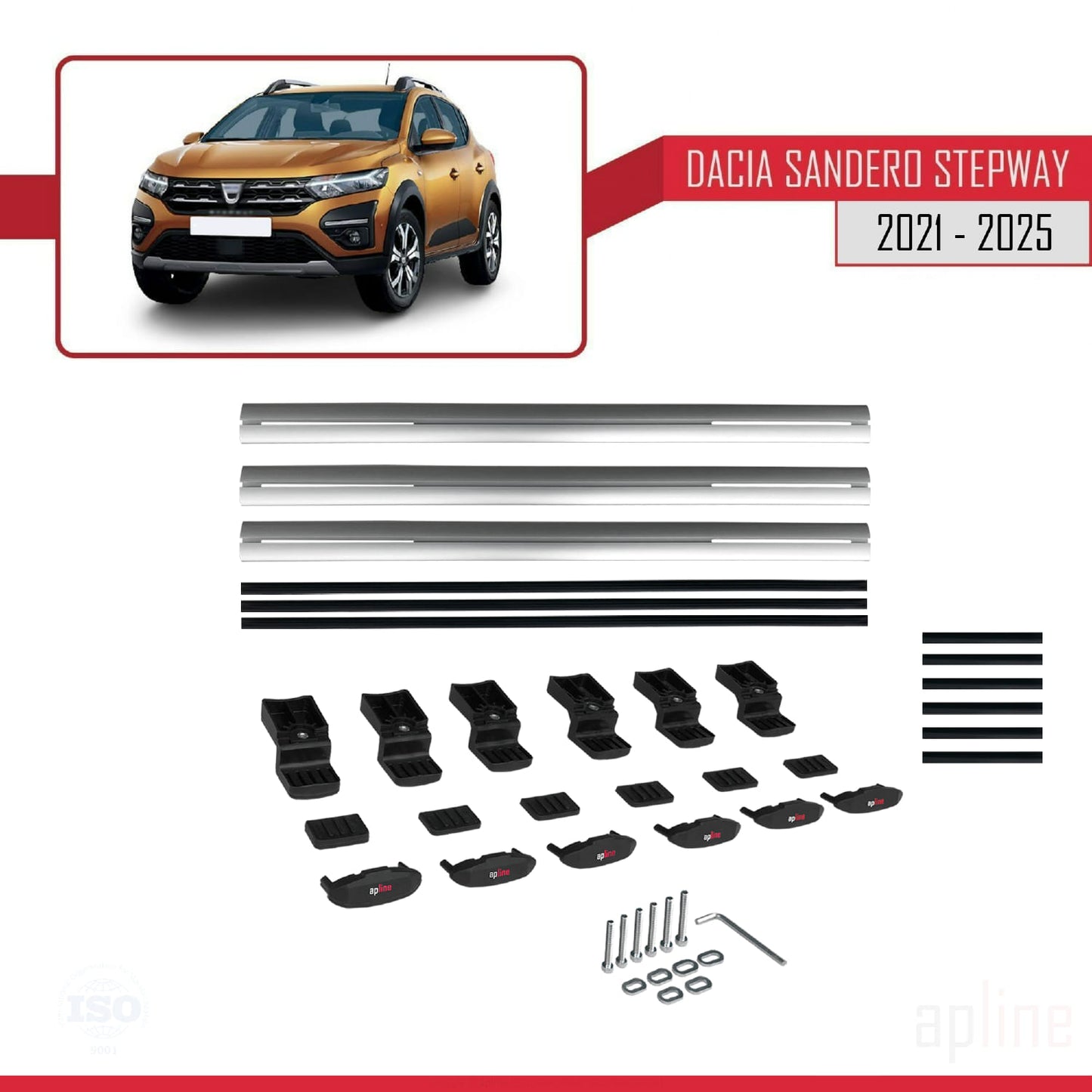 Kompatibel mit Dacia Sandero Stepway 3 2021-2025 Basismodell Dachgepäckträger, Reling, Gepäckträger, graues Aluminium, 3 Stangen