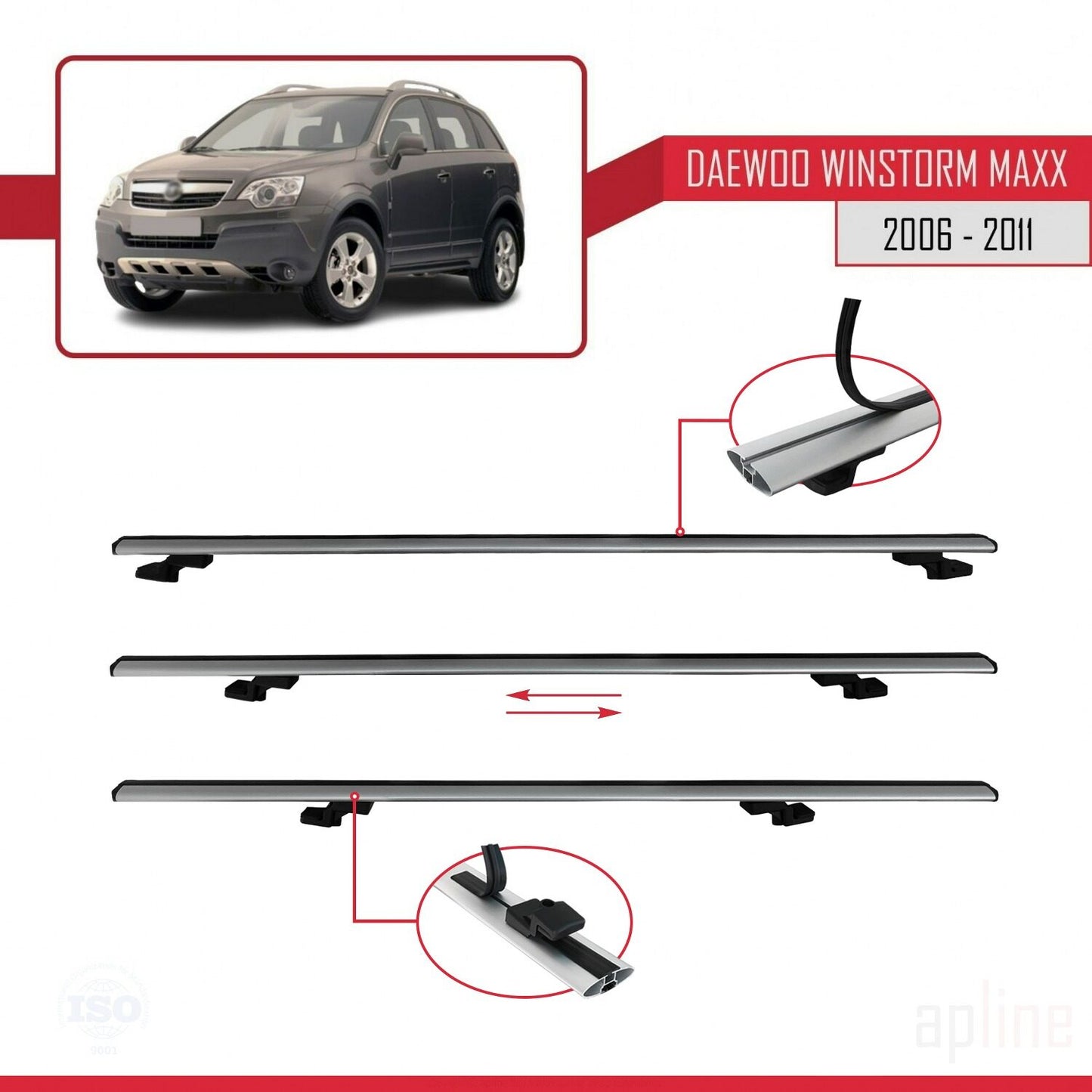 Kompatibel mit Daewoo Winstorm MaXX 2006-2011 BASIC Modell Dachgepäckträger, graues Aluminium, 2 Stangen