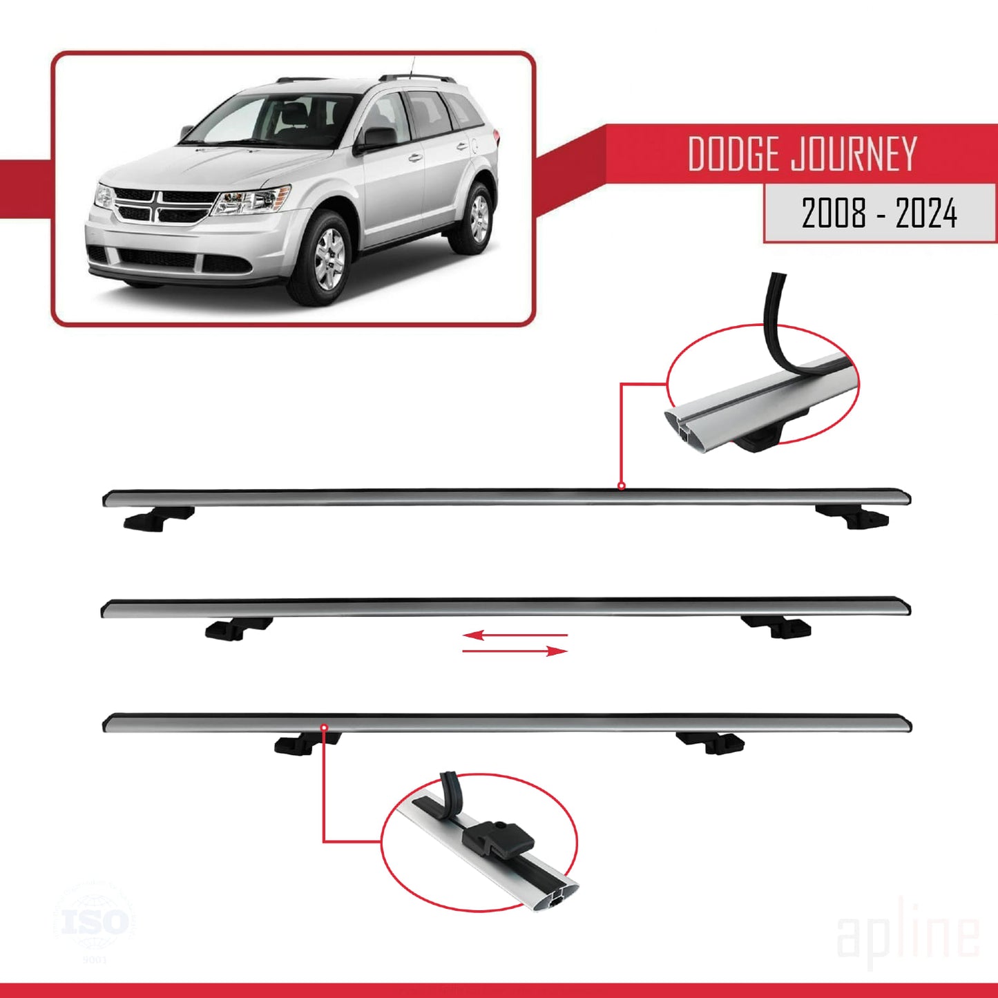 Kompatibel mit Dodge Journey 2008-2024 Basismodell Dachreling Gepäckträger Graues Aluminium 2 Stangen