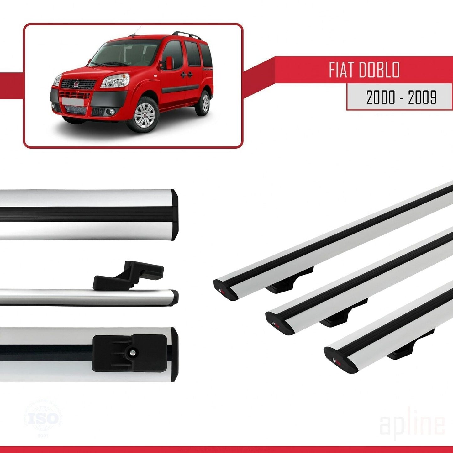 Kompatibel mit Fiat Doblo 2000-2009 Basismodell Dachgepäckträger, graues Aluminium, 3 Stangen