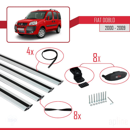Kompatibel mit Fiat Doblo 2000-2009 Basismodell Dachgepäckträger, graues Aluminium, 4 Stangen