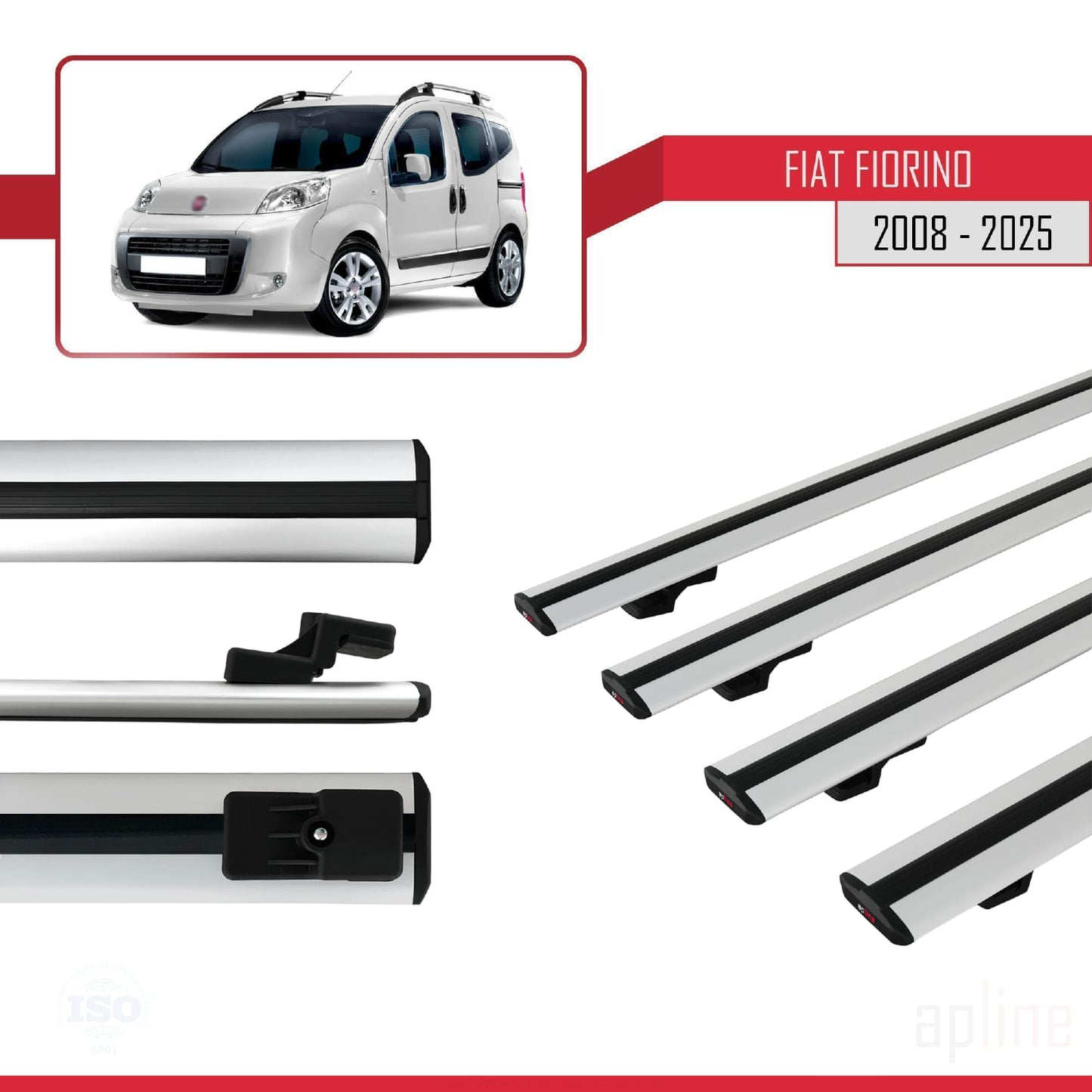 Kompatibel mit Fiat Fiorino 3 2008-2025 Basismodell Dachgepäckträger, graues Aluminium, 4 Stangen