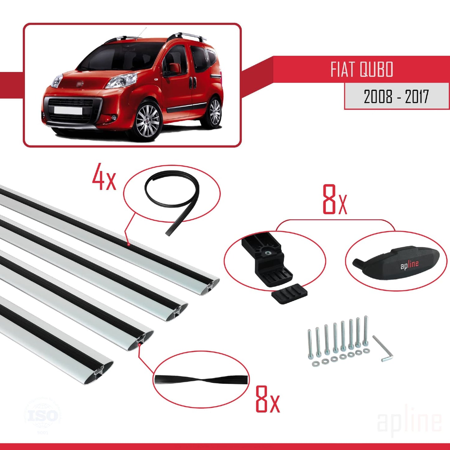 Kompatibel mit Fiat Qubo 2008-2017 Basismodell Dachgepäckträger, graues Aluminium, 4 Stangen