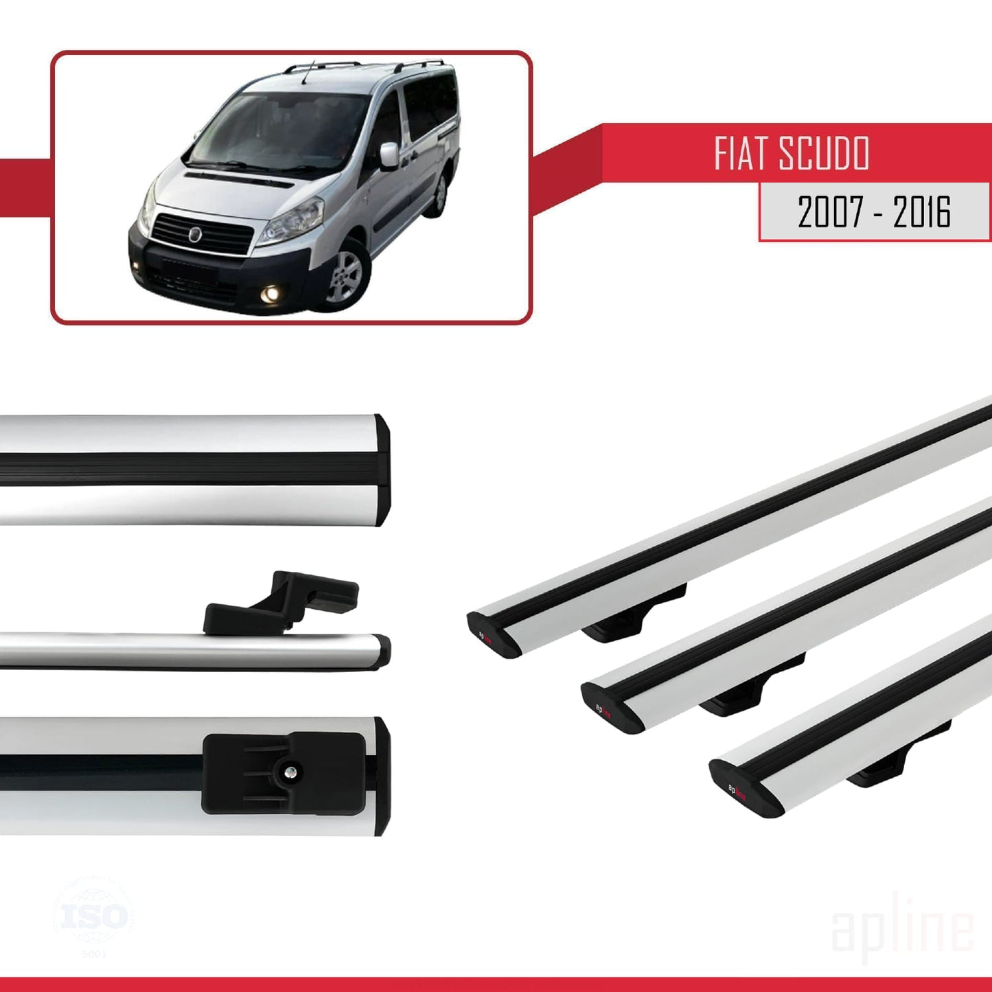 Compatible avec Fiat Scudo 2 2007-2016 BASIC Model Barres de Toit Railing Porte-Bagages de Voiture Gris Aluminium 3 Barres