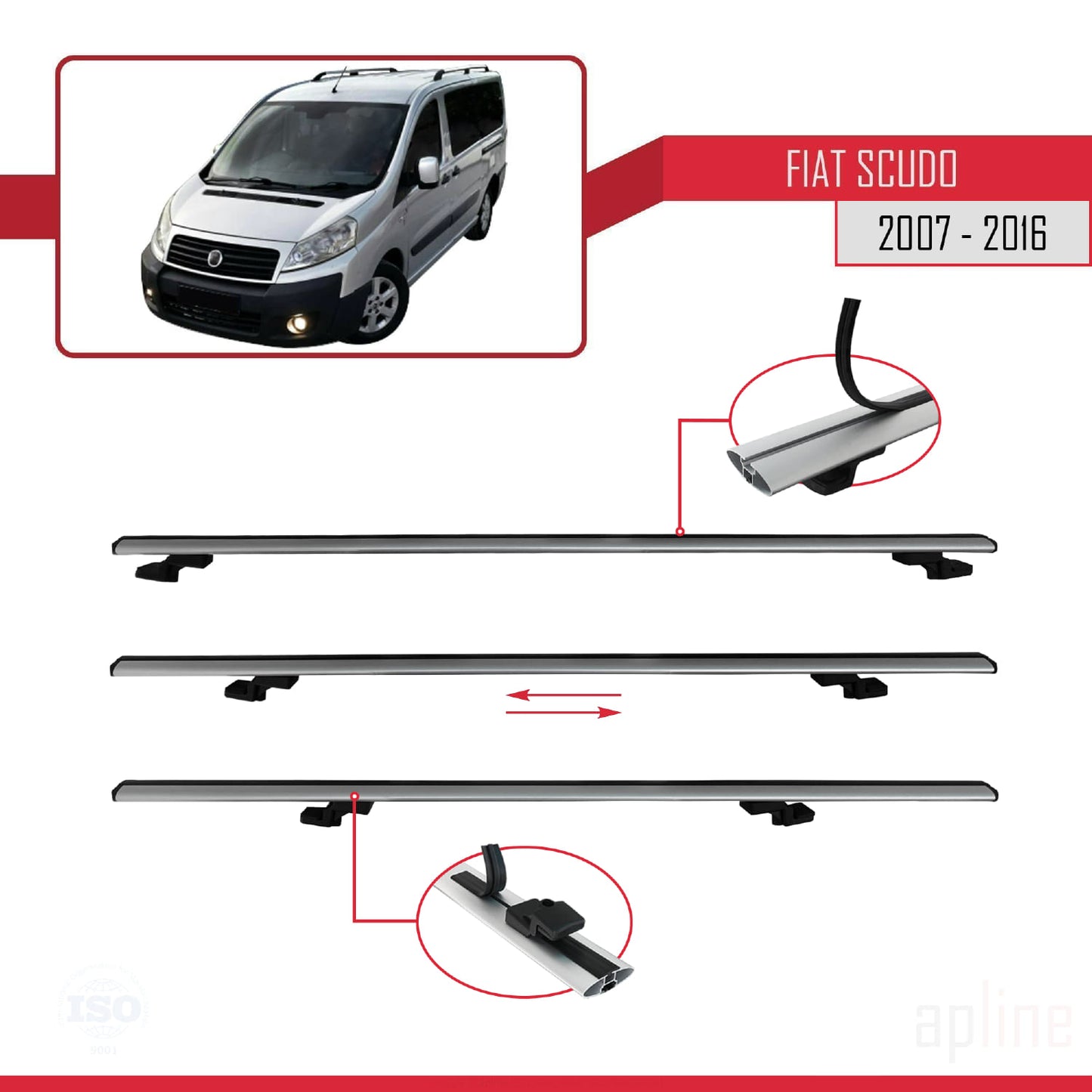 Compatible avec Fiat Scudo 2 2007-2016 BASIC Model Barres de Toit Railing Porte-Bagages de Voiture Gris Aluminium 2 Barres