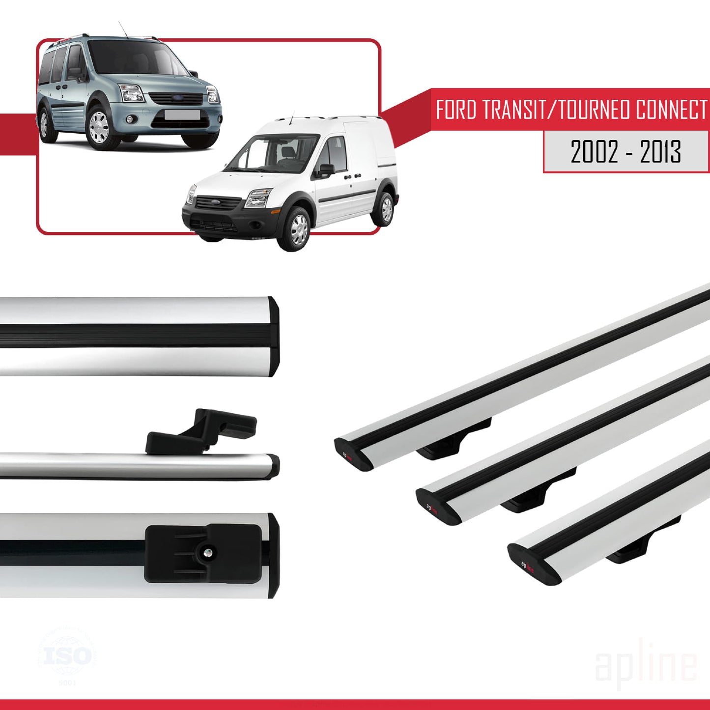 Compatible with Ford Transit/Tourneo Connect 2002-2013 BASIC Model Car Roof Rack Cross Bar Grey Aluminium 3 Bars