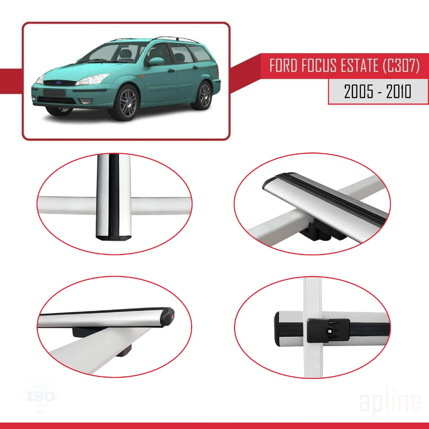 Compatible with Ford Focus 2 (C307) SW 2005-2010 BASIC Model Car Roof Rack Cross Bar Grey Aluminium 2 Bars