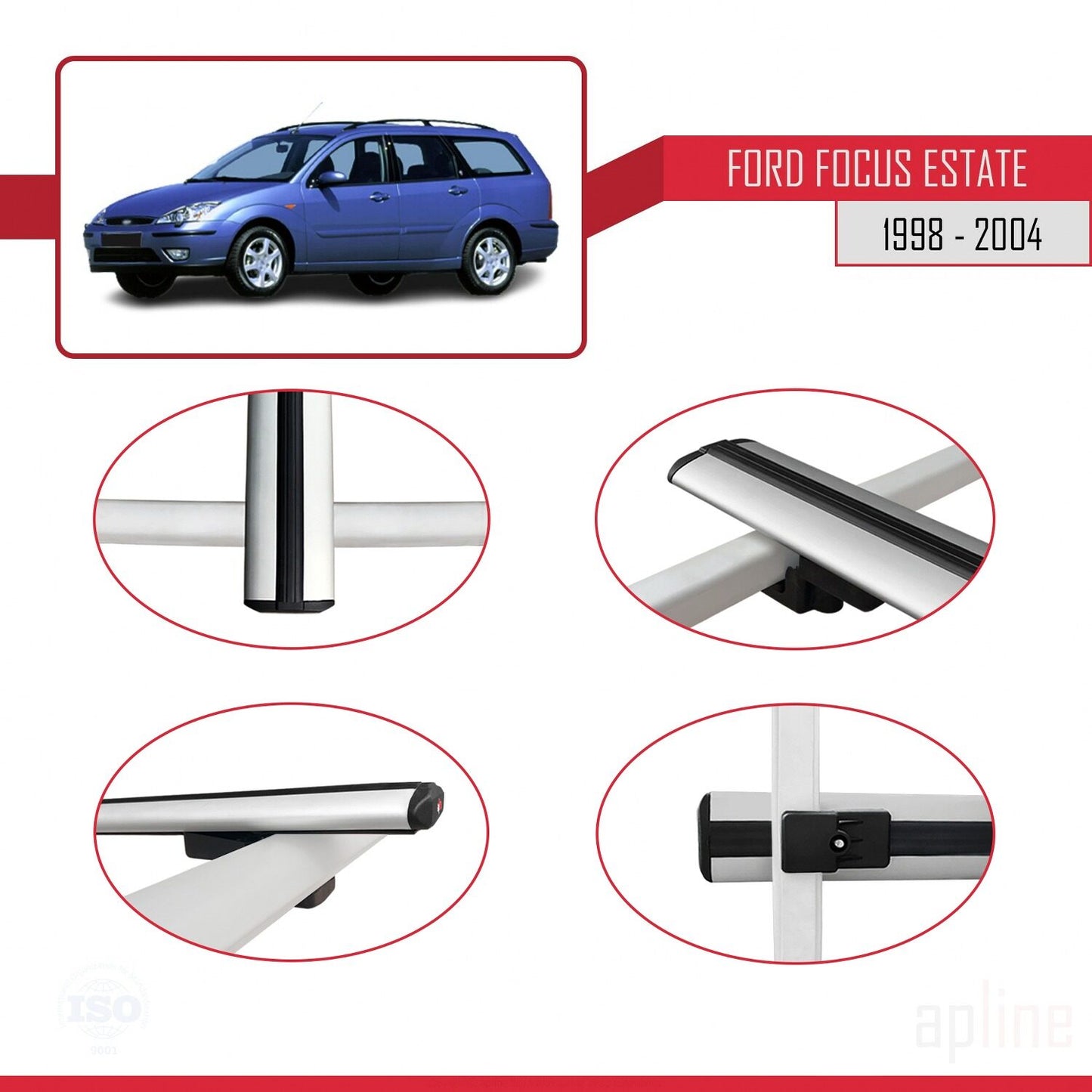 Compatible with Ford Focus (C170) SW 1998-2004 BASIC Model Car Roof Rack Cross Bar Grey Aluminium 2 Bars