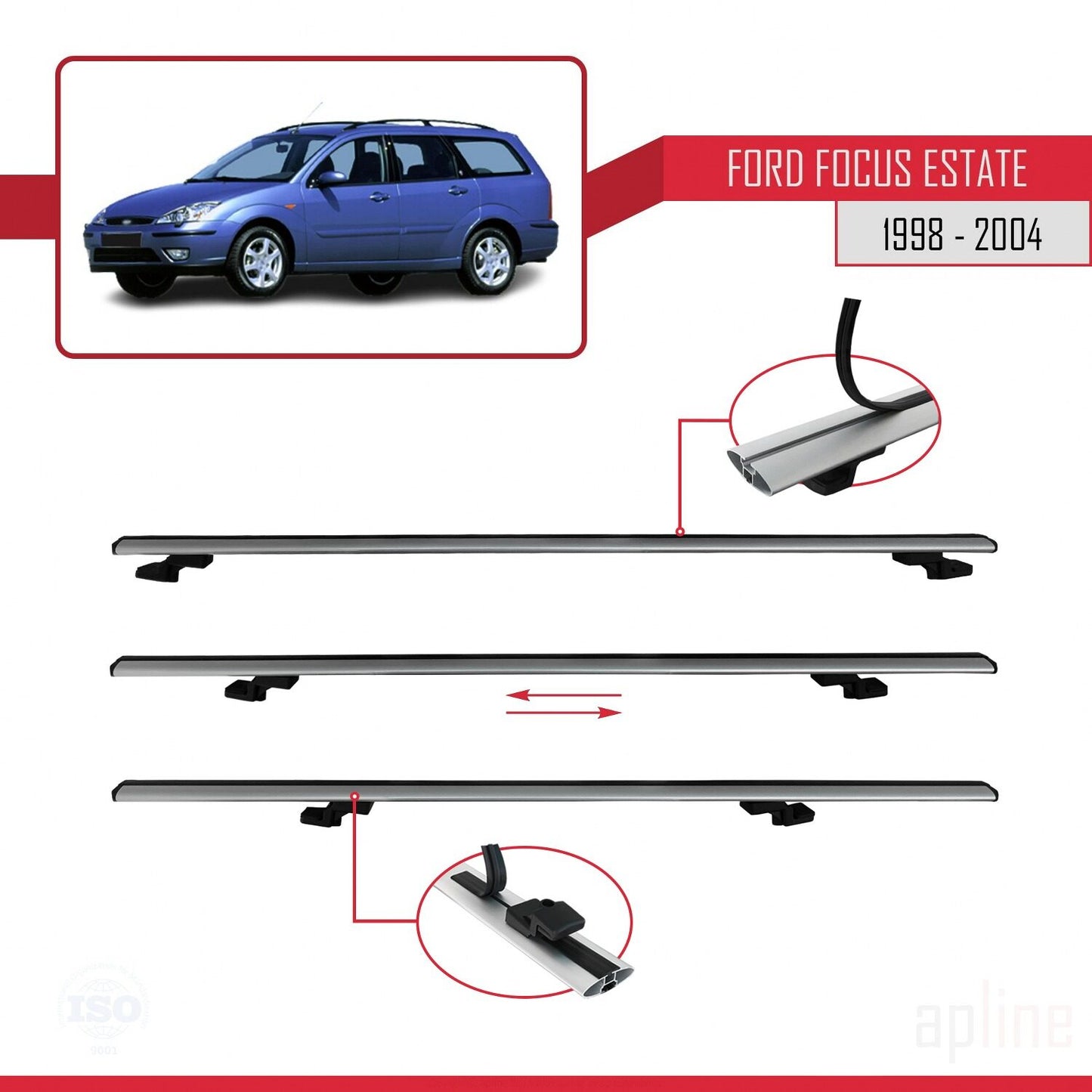 Compatible with Ford Focus (C170) SW 1998-2004 BASIC Model Car Roof Rack Cross Bar Grey Aluminium 2 Bars