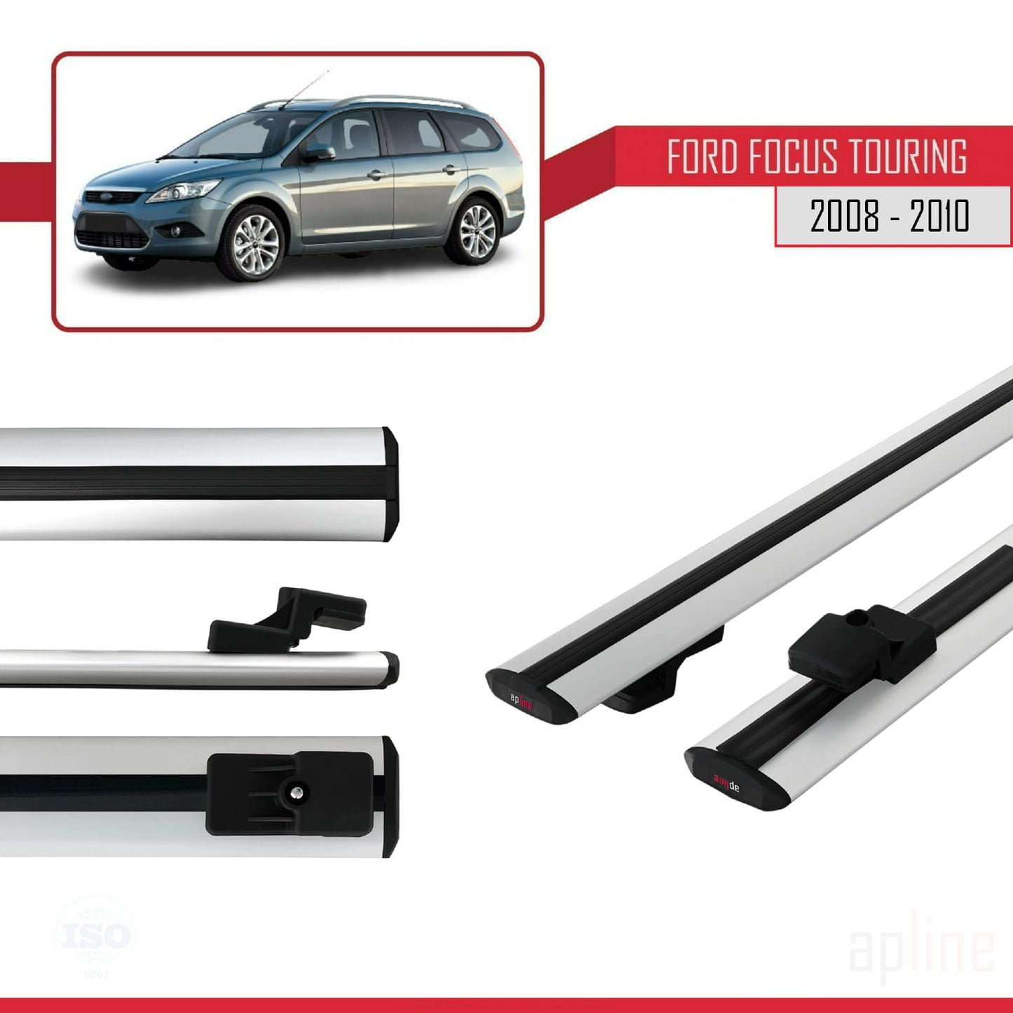 Compatible avec Ford Focus 2 (C307) Turnier 2008-2010 BASIC Model Barres de Toit Railing Porte-Bagages de Voiture Gris Aluminium 2 Barres