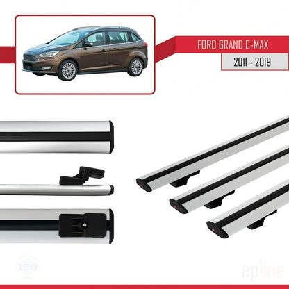 Compatible with Ford Grand C-Max (C344) 2011-2019 BASIC Model Car Roof Rack Cross Bar Grey Aluminium 3 Bars