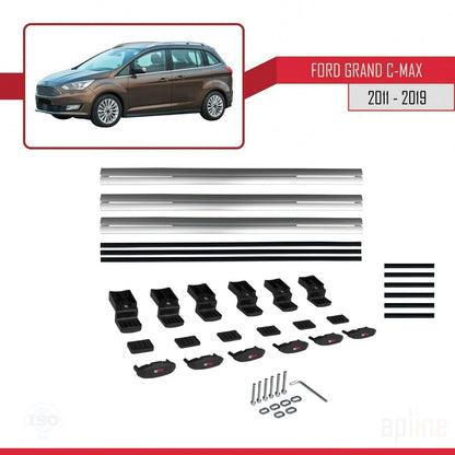 Compatible with Ford Grand C-Max (C344) 2011-2019 BASIC Model Car Roof Rack Cross Bar Grey Aluminium 3 Bars