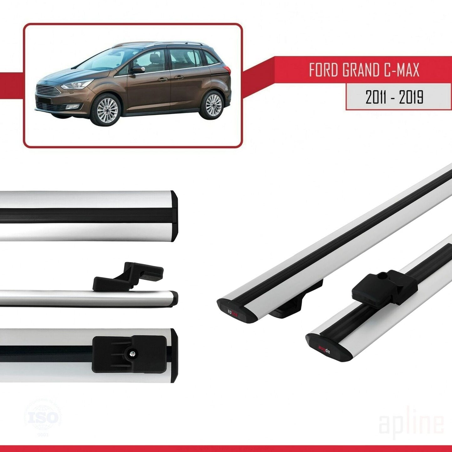 Compatible with Ford Grand C-Max (C344) 2011-2019 BASIC Model Car Roof Rack Cross Bar Grey Aluminium 2 Bars