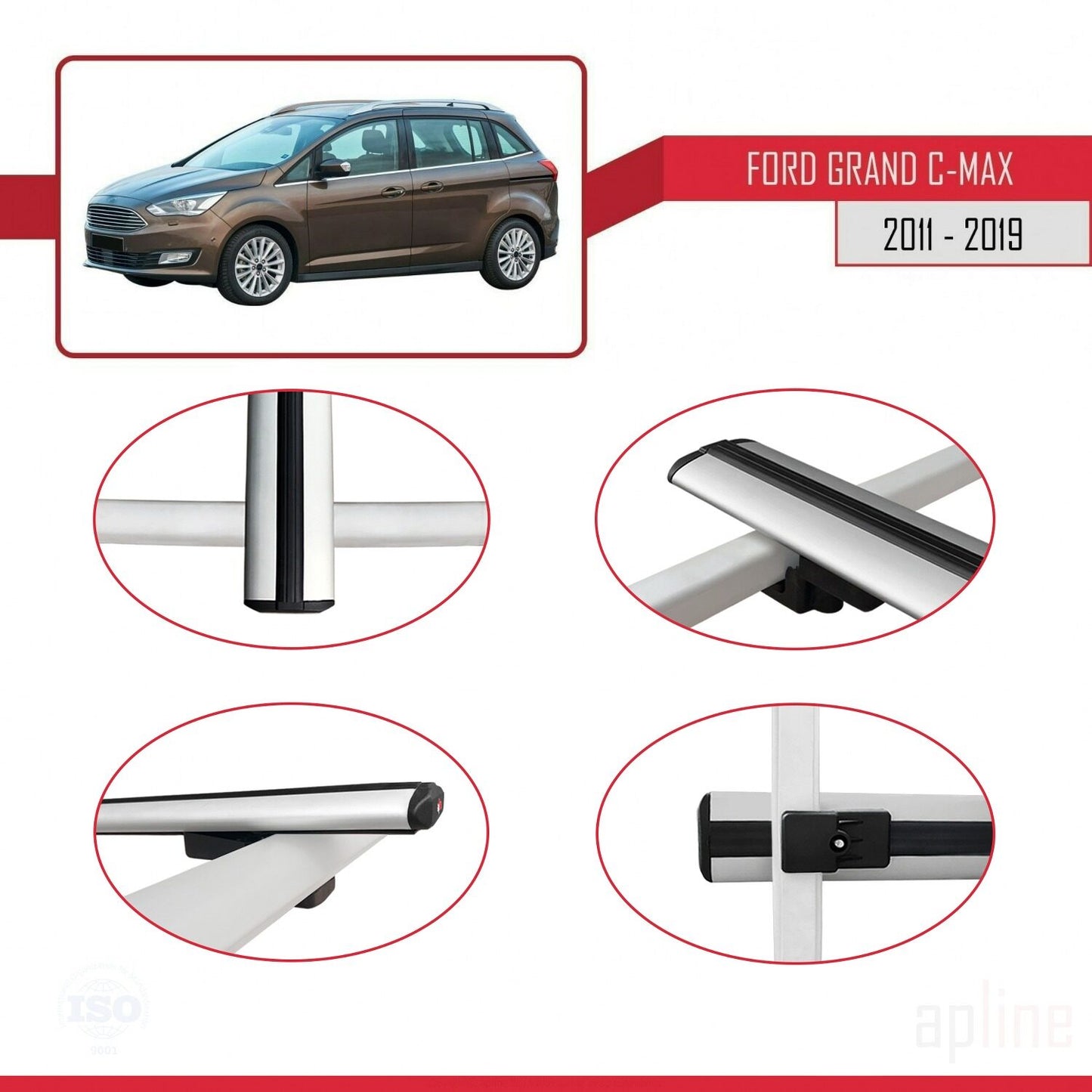 Compatible with Ford Grand C-Max (C344) 2011-2019 BASIC Model Car Roof Rack Cross Bar Grey Aluminium 2 Bars