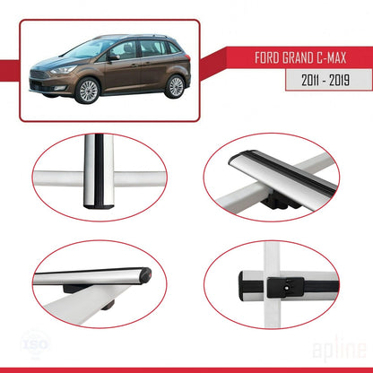 Compatible with Ford Grand C-Max (C344) 2011-2019 BASIC Model Car Roof Rack Cross Bar Grey Aluminium 2 Bars