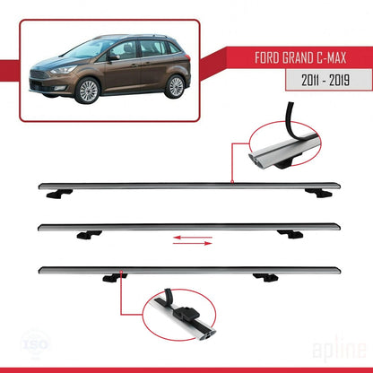 Compatible with Ford Grand C-Max (C344) 2011-2019 BASIC Model Car Roof Rack Cross Bar Grey Aluminium 2 Bars