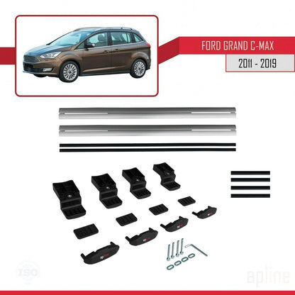 Compatible with Ford Grand C-Max (C344) 2011-2019 BASIC Model Car Roof Rack Cross Bar Grey Aluminium 2 Bars