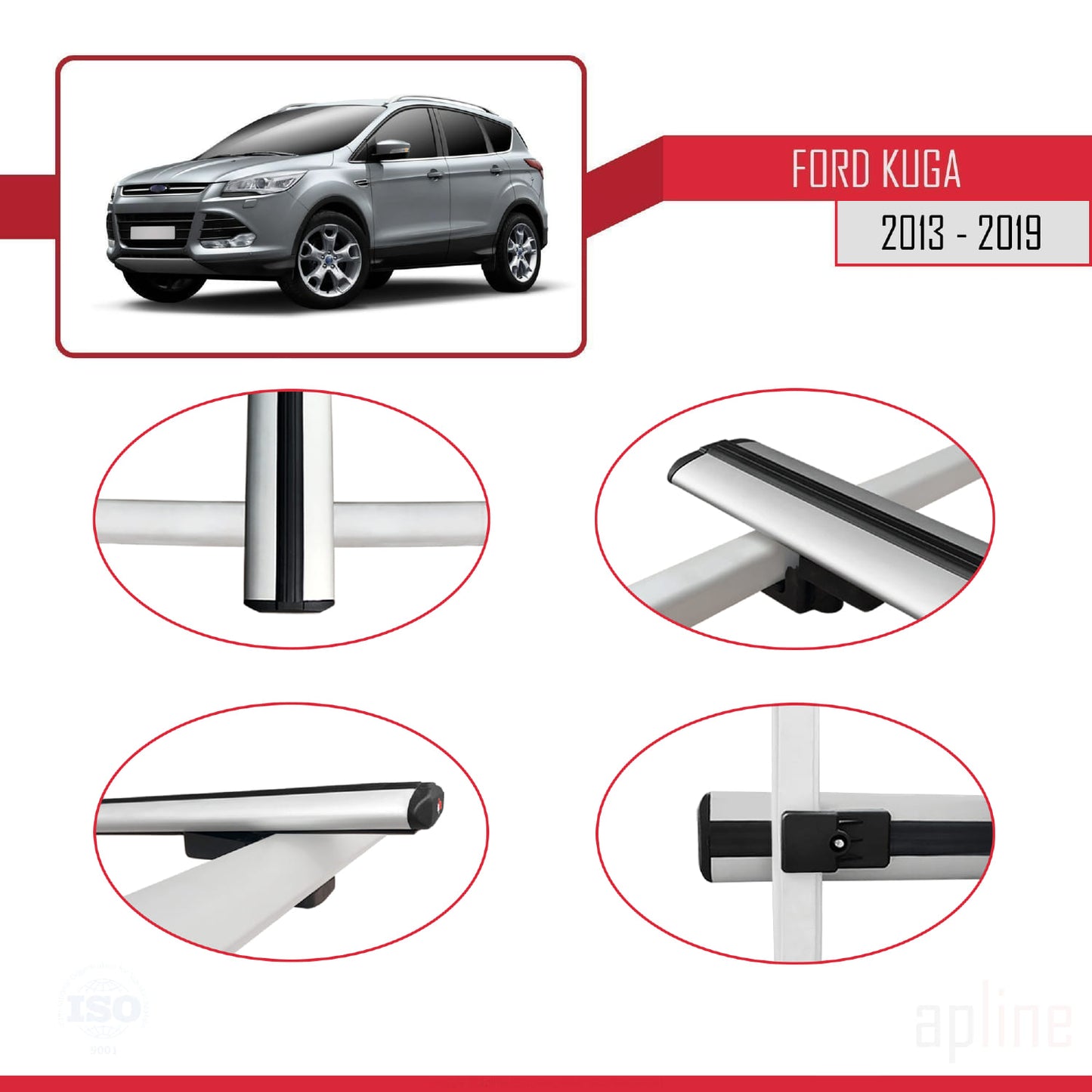 Compatible avec Ford Kuga 2 (C520) 2013-2019 BASIC Model Barres de Toit Railing Porte-Bagages de Voiture Gris Aluminium 2 Barres