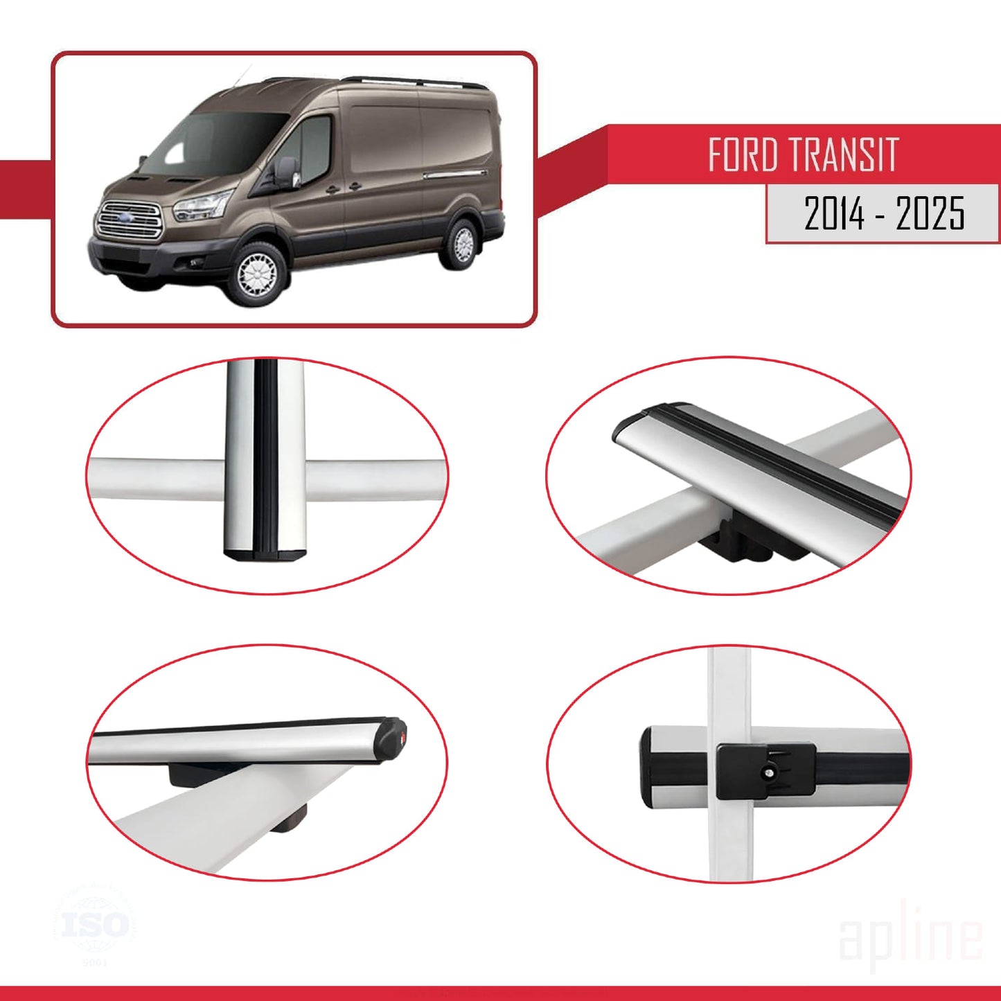 Kompatibel mit Ford Transit 2014-2025 BASIC Modell Dachgepäckträger, graues Aluminium, 3 Stangen