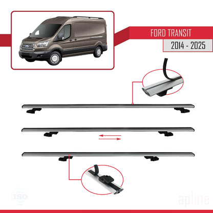 Kompatibel mit Ford Transit 2014-2025 BASIC Modell Dachgepäckträger, graues Aluminium, 3 Stangen