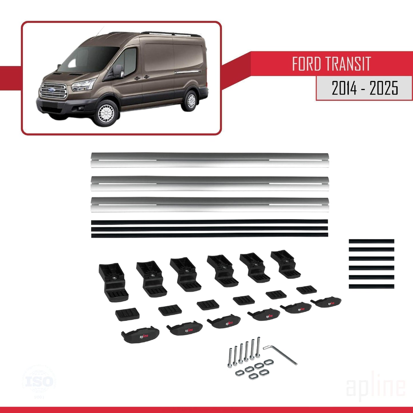 Kompatibel mit Ford Transit 2014-2025 BASIC Modell Dachgepäckträger, graues Aluminium, 3 Stangen