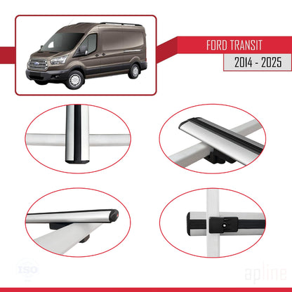 Kompatibel mit Ford Transit 2014-2025 BASIC Modell Dachgepäckträger, graues Aluminium, 2 Stangen