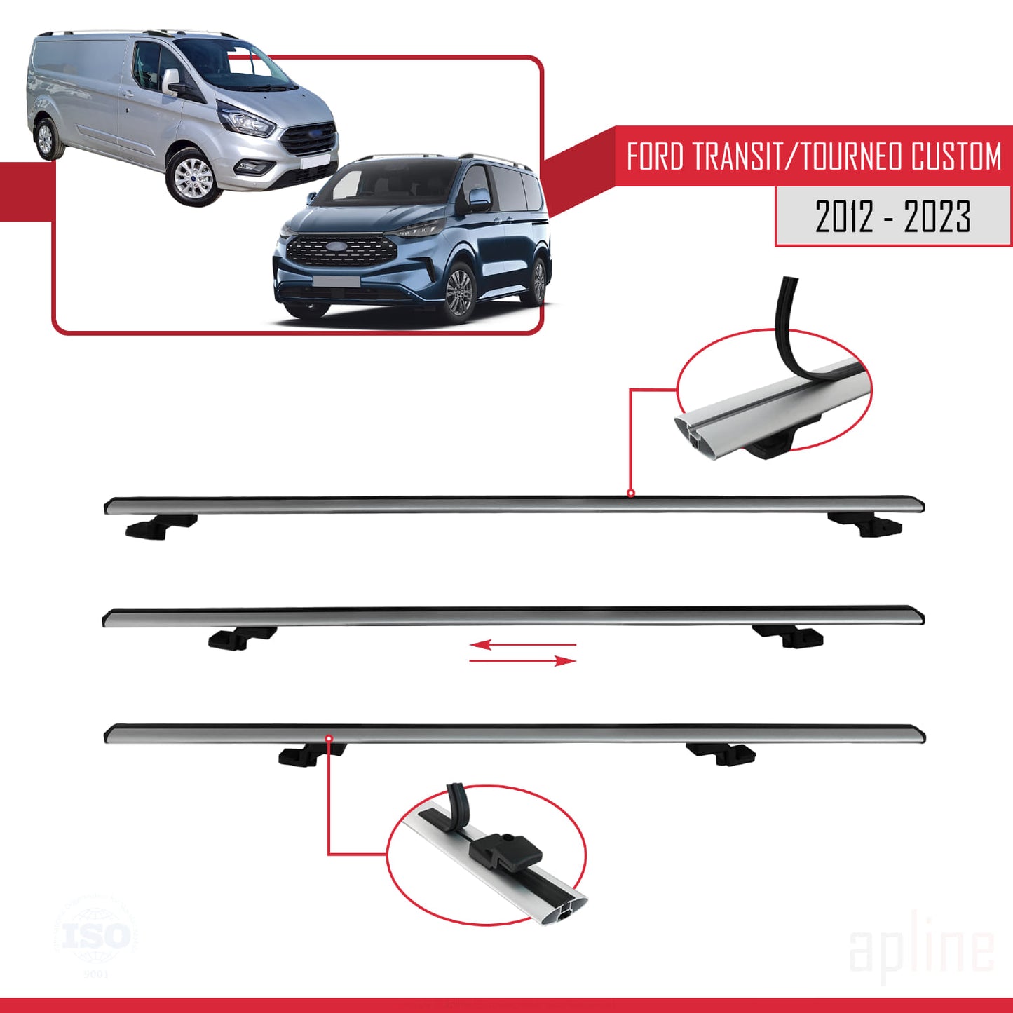 Compatible avec Ford Transit/Tourneo Custom 2012-2023 BASIC Model Barres de Toit Railing Porte-Bagages de Voiture Gris Aluminium 3 Barres