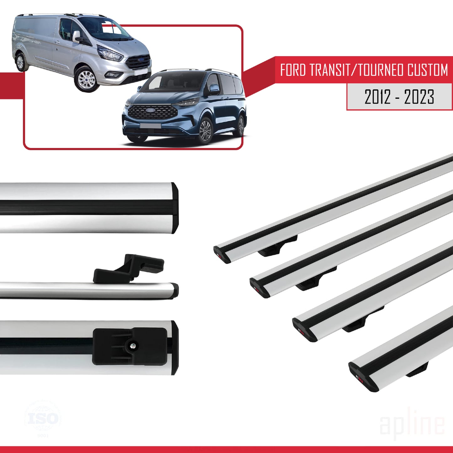 Compatible avec Ford Transit/Tourneo Custom 2012-2023 BASIC Model Barres de Toit Railing Porte-Bagages de Voiture Gris Aluminium 4 Barres