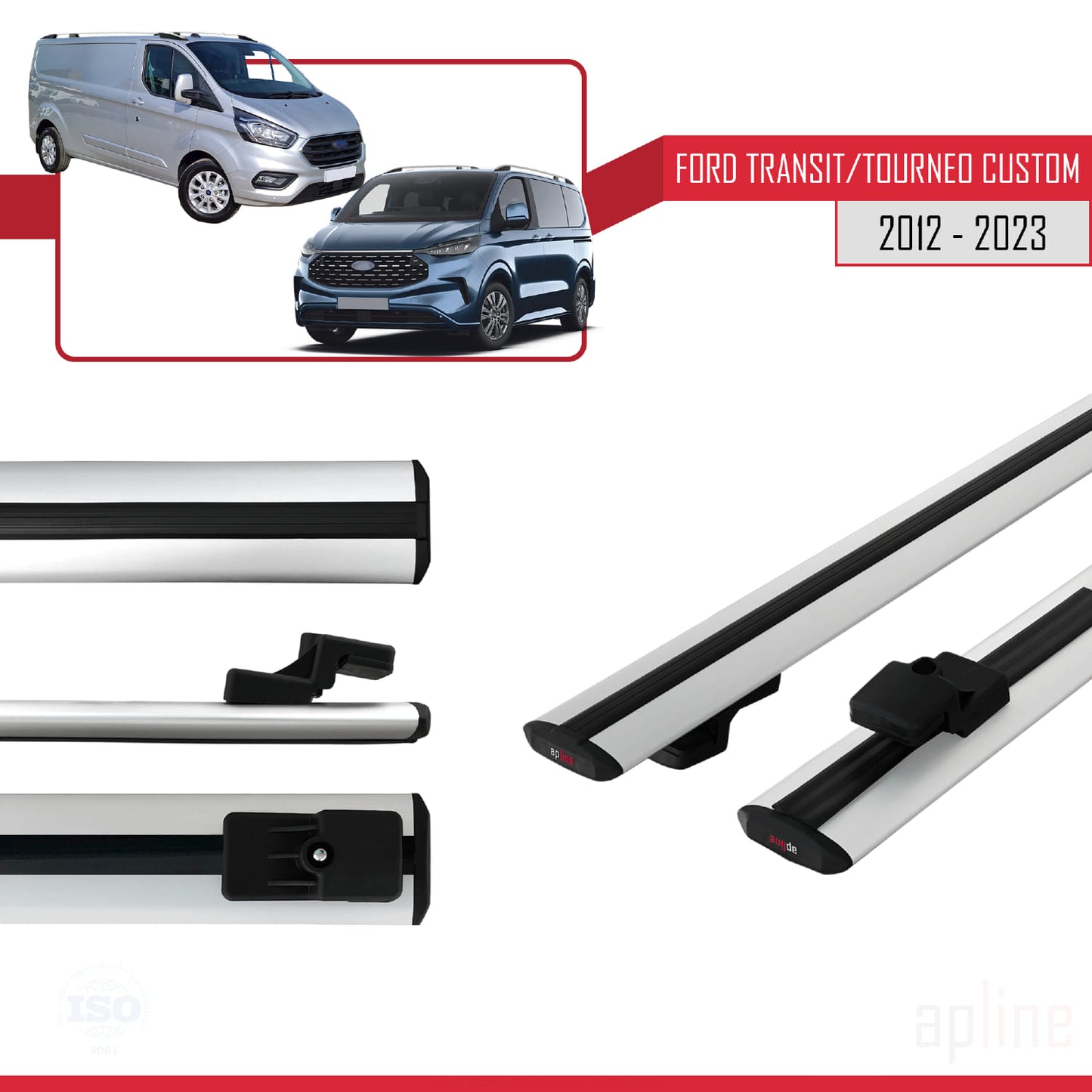 Compatible avec Ford Transit/Tourneo Custom 2012-2023 BASIC Model Barres de Toit Railing Porte-Bagages de Voiture Gris Aluminium 2 Barres