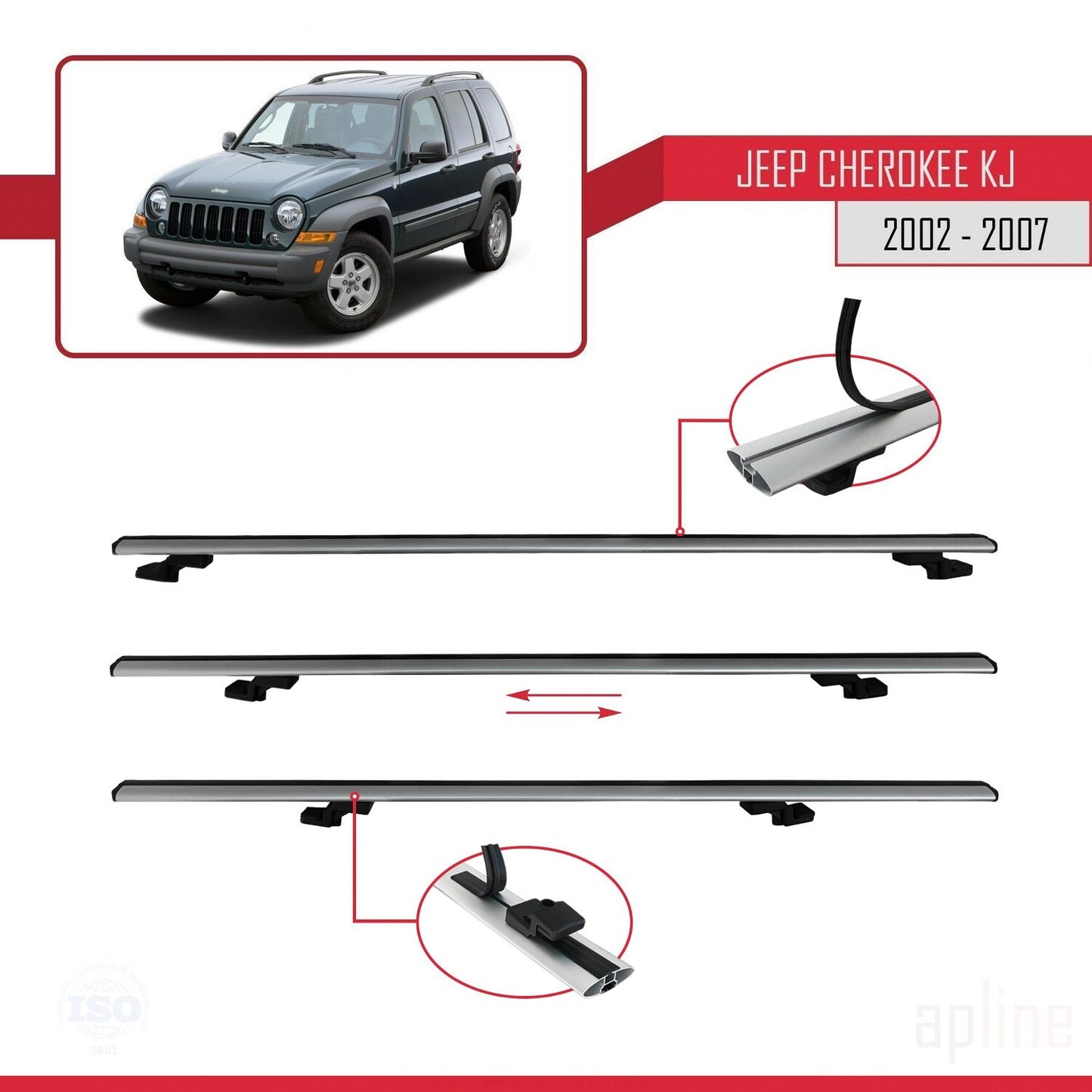 Compatible avec Jeep Cherokee 3 (KJ) 2002-2007 BASIC Model Barres de Toit Railing Porte-Bagages de Voiture Gris Aluminium 3 Barres