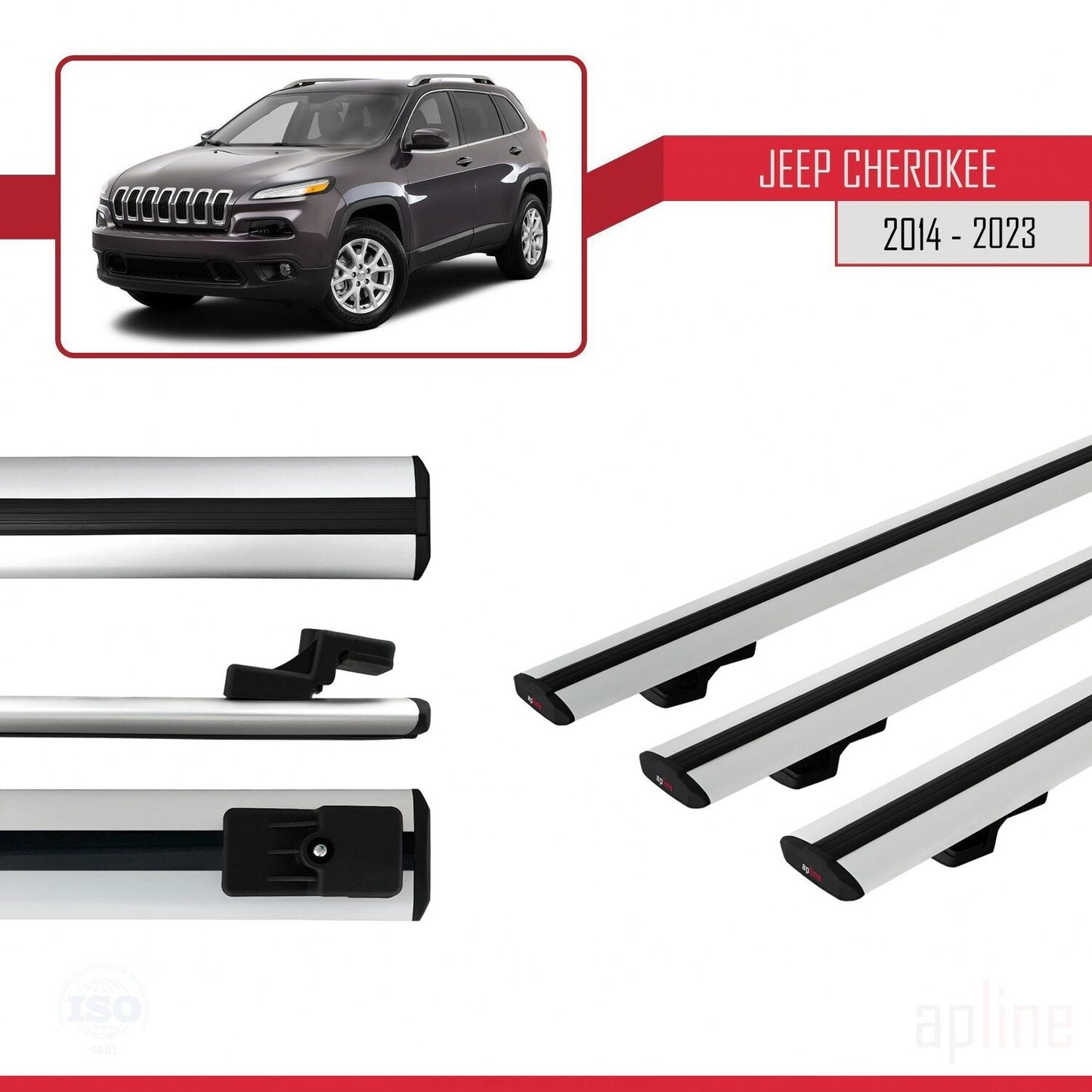 Compatible avec Jeep Cherokee 5 (KL) 2014-2023 BASIC Model Barres de Toit Railing Porte-Bagages de Voiture Gris Aluminium 3 Barres