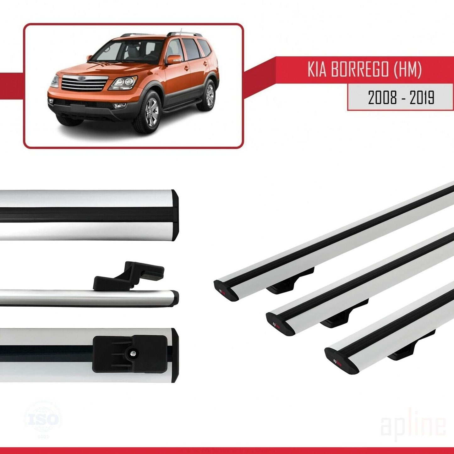Compatible avec Kia Borrego (HM) 2008-2019 BASIC Model Barres de Toit Railing Porte-Bagages de Voiture Gris Aluminium 3 Barres