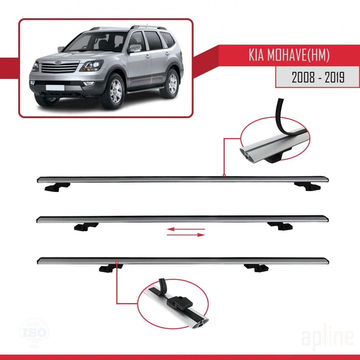 Compatible with Kia Mohave (HM) 2008-2019 BASIC Model Car Roof Rack Cross Bar Grey Aluminium 2 Bars