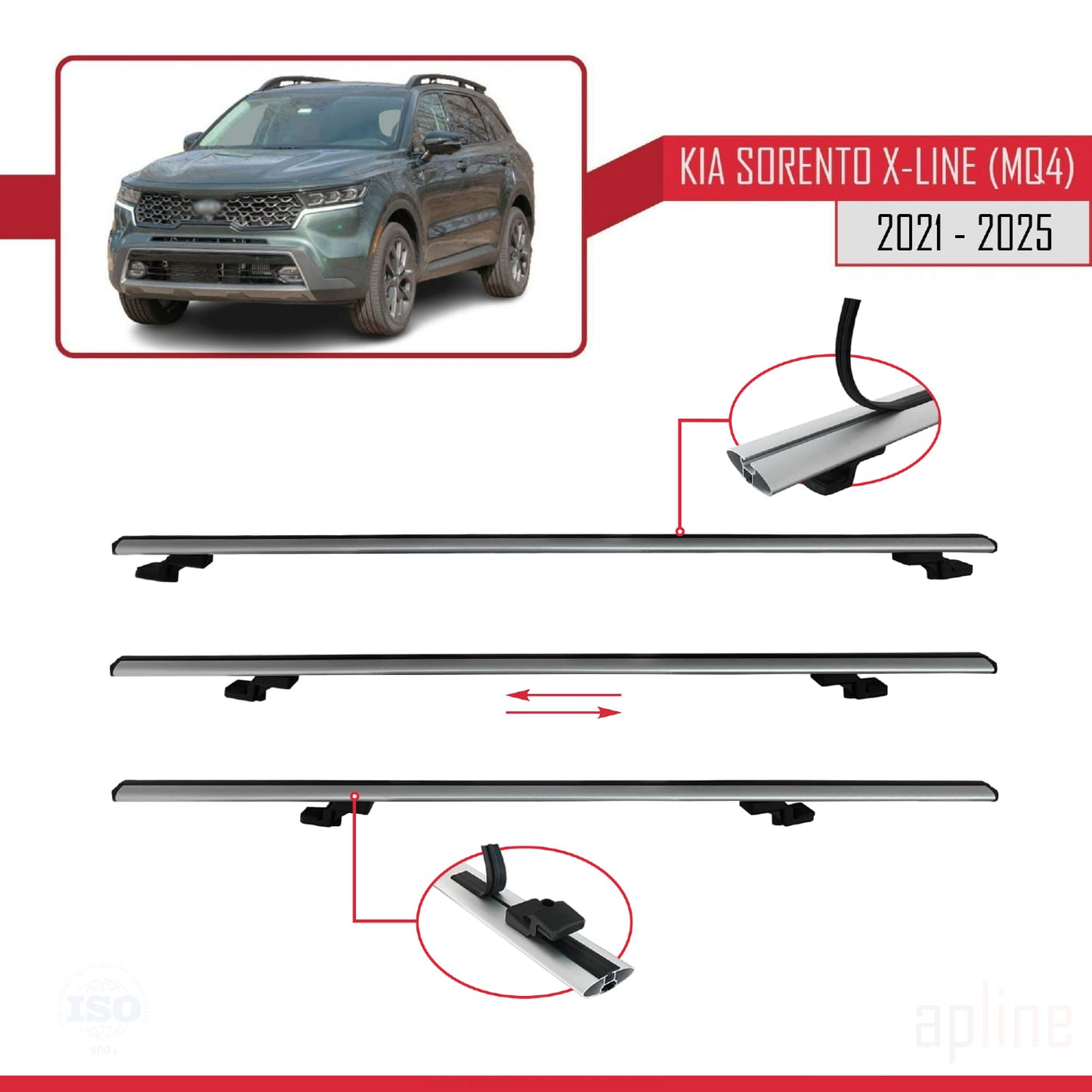 Compatible avec Kia Sorento 4 (MQ4) X-Line 2021-2025 BASIC Model Barres de Toit Railing Porte-Bagages de Voiture Gris Aluminium 3 Barres