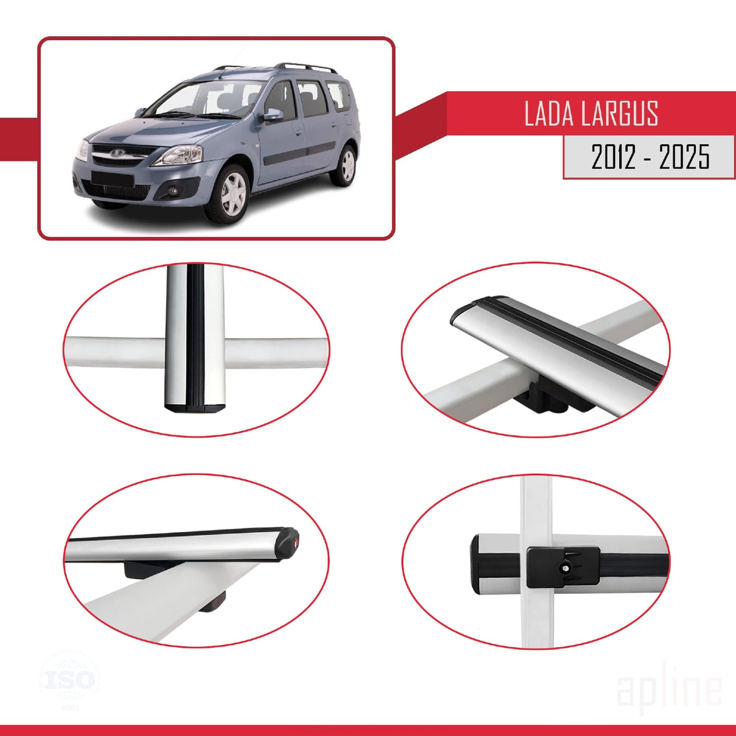 Compatible with Lada Largus 2012-2025 BASIC Model Car Roof Rack Cross Bar Grey Aluminium 3 Bars