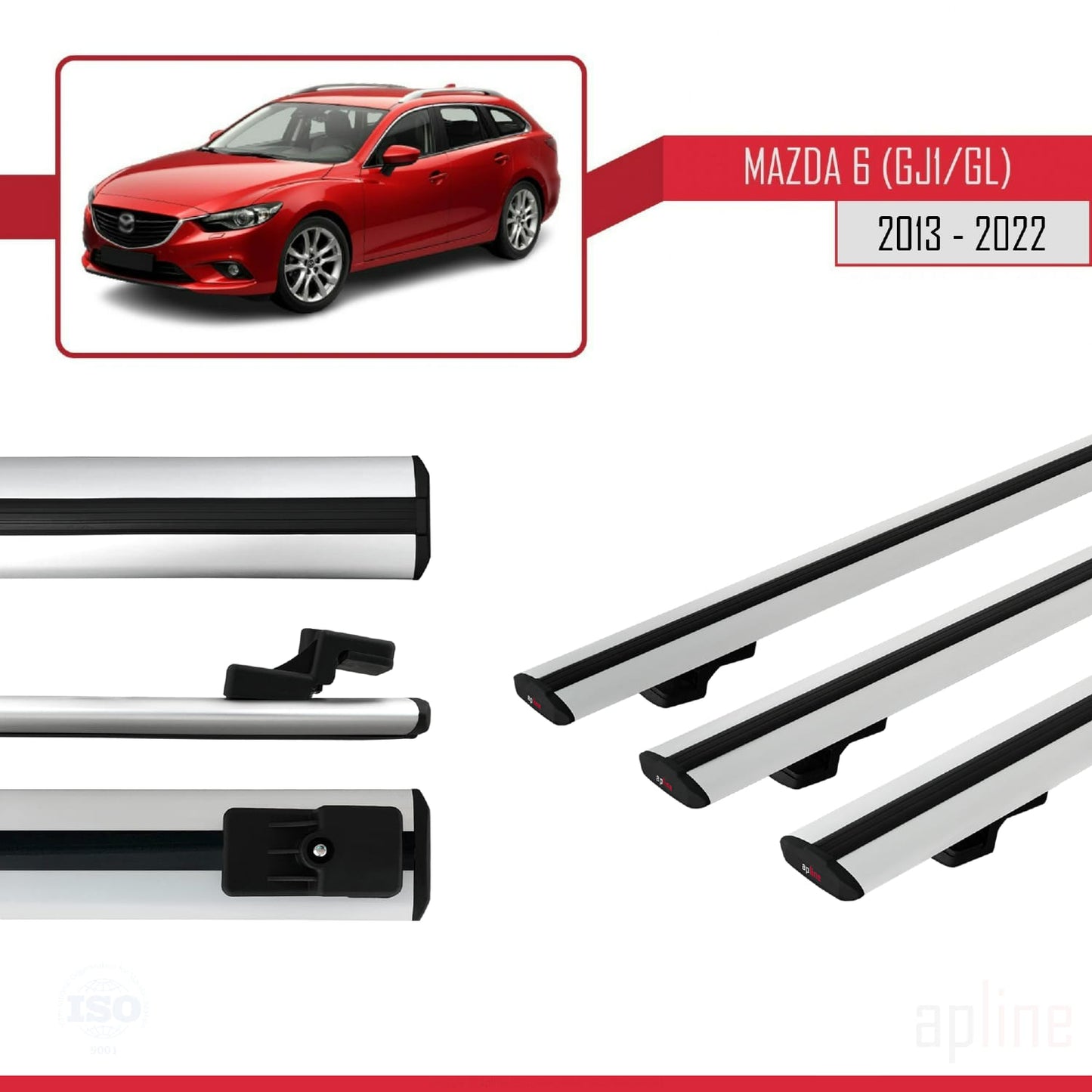 Compatible with Mazda 6 III (GJ1/GL) 2013-2022 BASIC Model Car Roof Rack Cross Bar Grey Aluminium 3 Bars